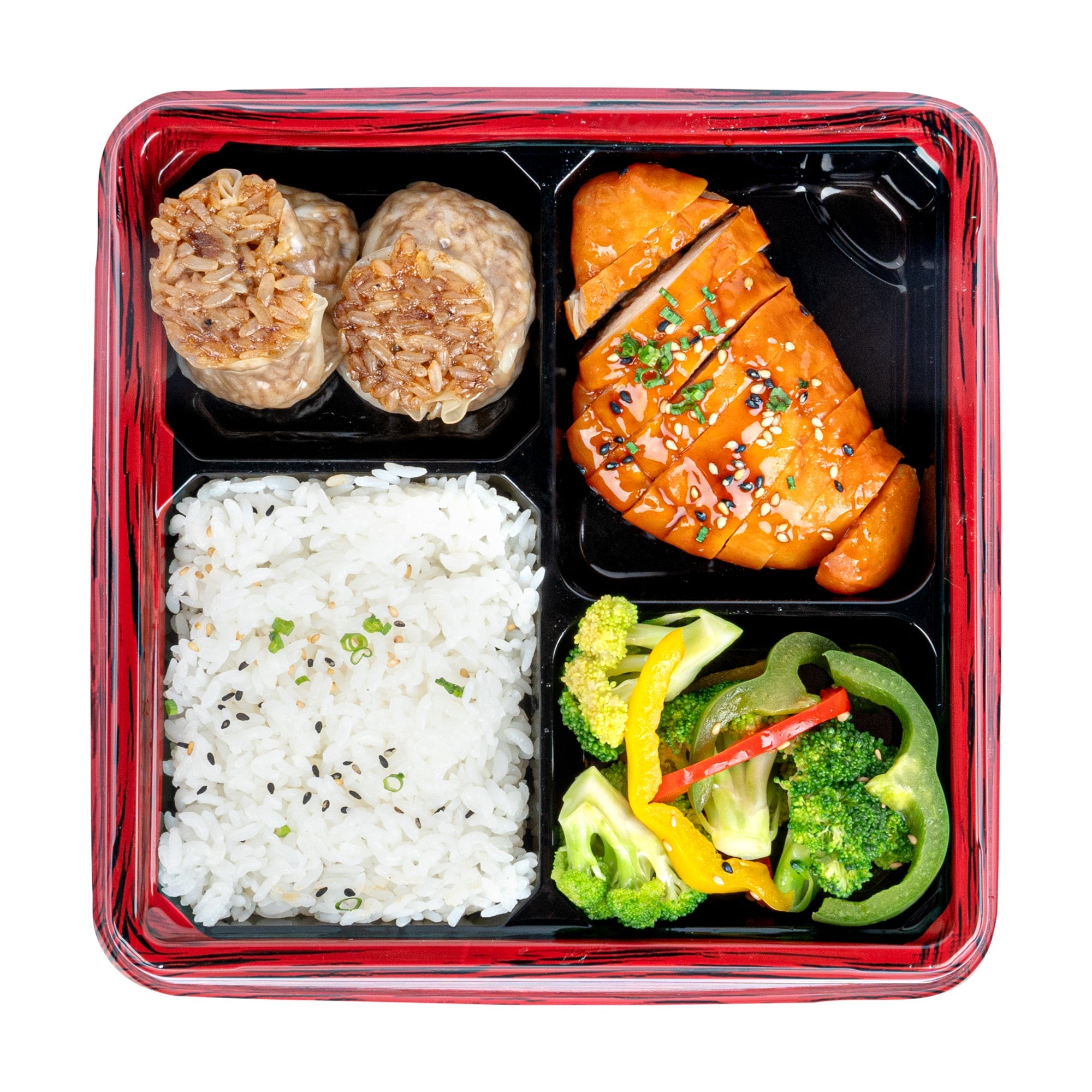 Bento Tek 18 oz Square Red and Black Plastic Bento Box - 4 Compartments - 8 1/2" x 8 1/2" x 1 1/4" - 50 count box