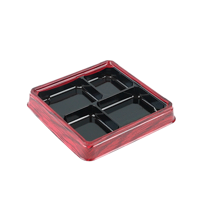 Bento Tek 18 oz Square Red and Black Plastic Bento Box - 4 Compartments - 8 1/2" x 8 1/2" x 1 1/4" - 50 count box