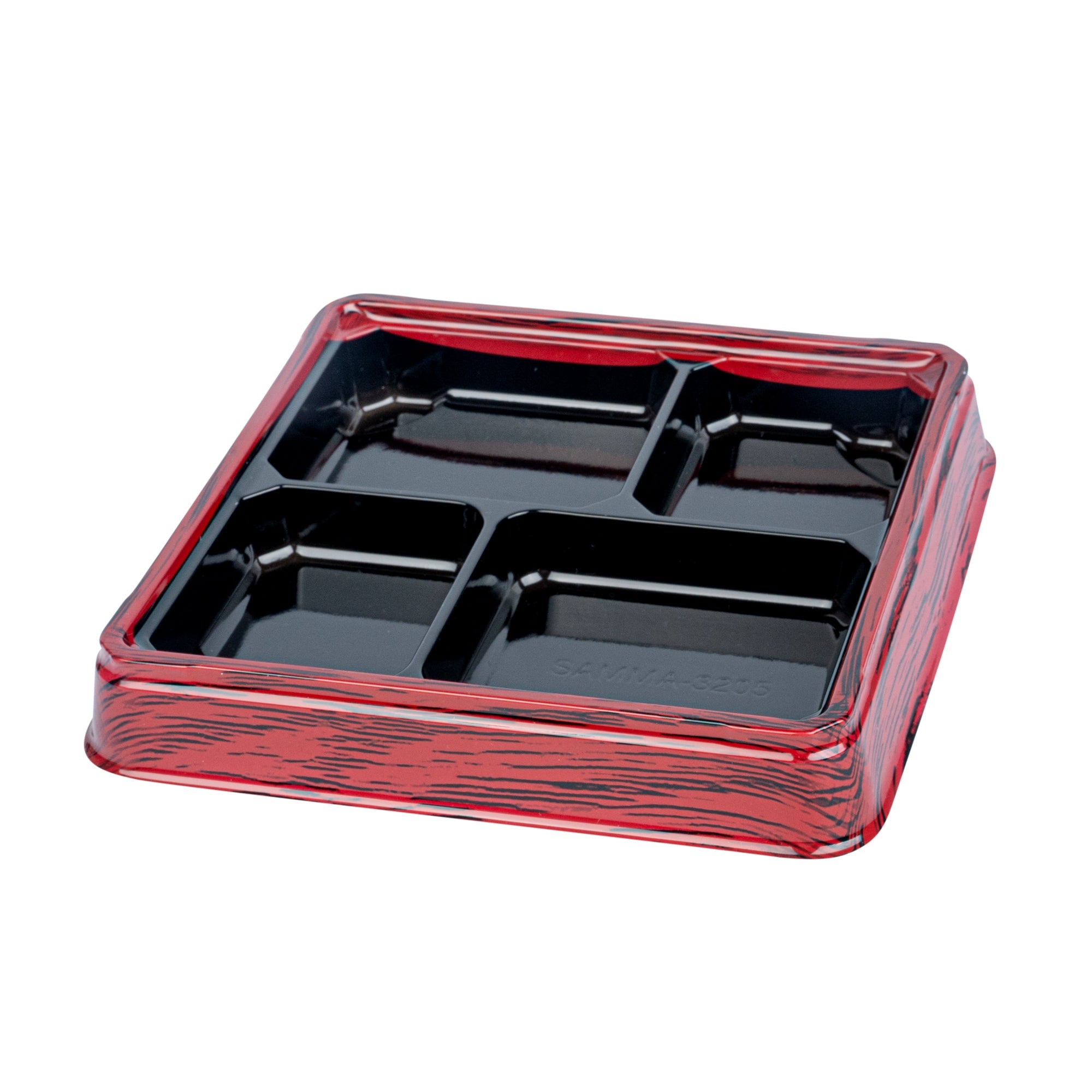 Bento Tek 18 oz Square Red and Black Plastic Bento Box - 4 Compartments - 8 1/2" x 8 1/2" x 1 1/4" - 50 count box