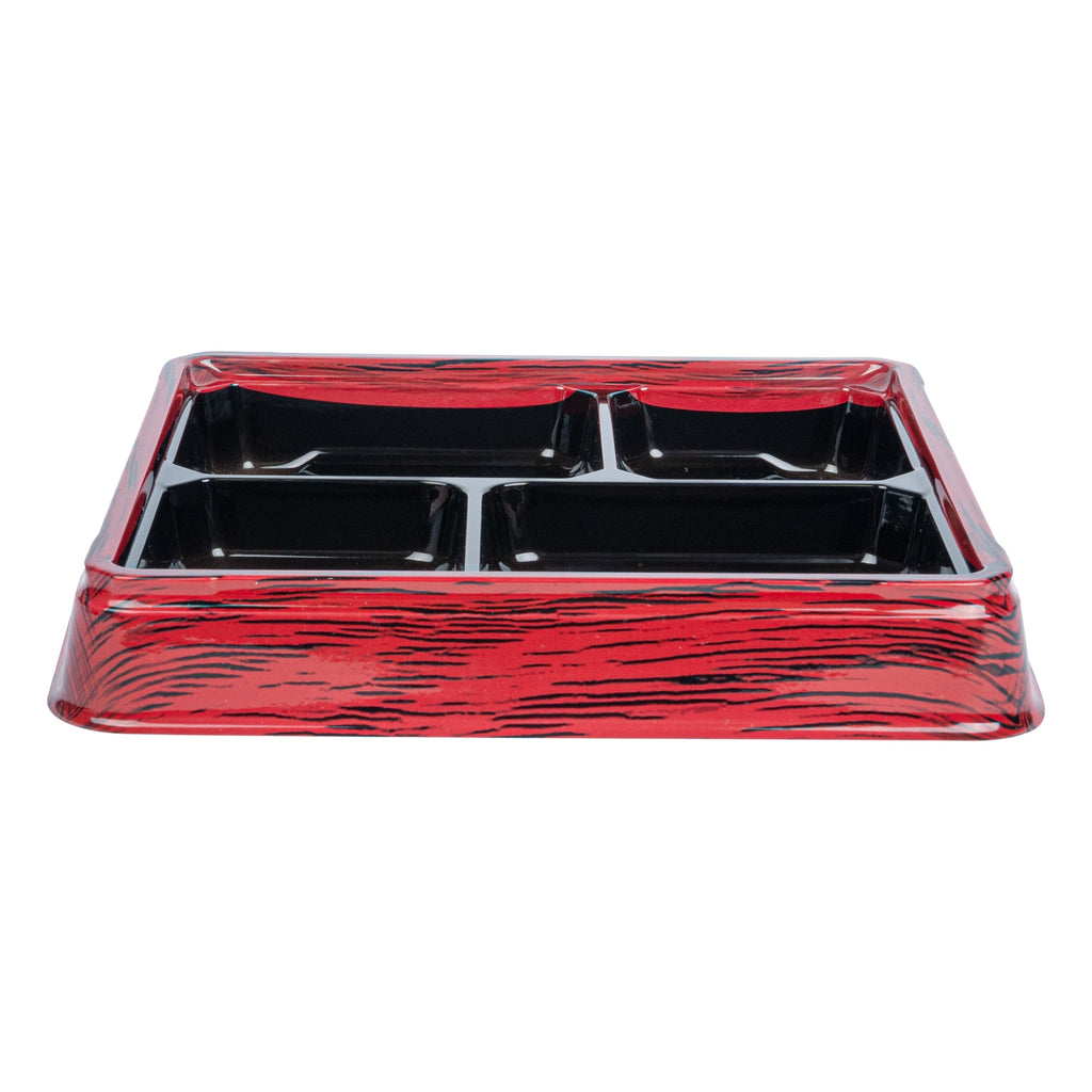 Bento Tek 18 oz Square Red and Black Plastic Bento Box - 4 Compartments - 8 1/2" x 8 1/2" x 1 1/4" - 50 count box