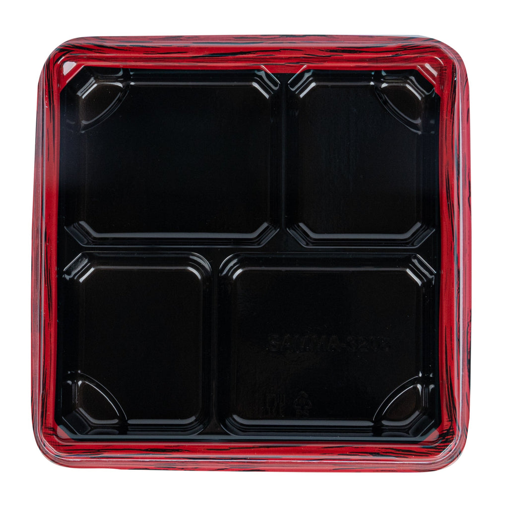 Bento Tek 18 oz Square Red and Black Plastic Bento Box - 4 Compartments - 8 1/2" x 8 1/2" x 1 1/4" - 50 count box