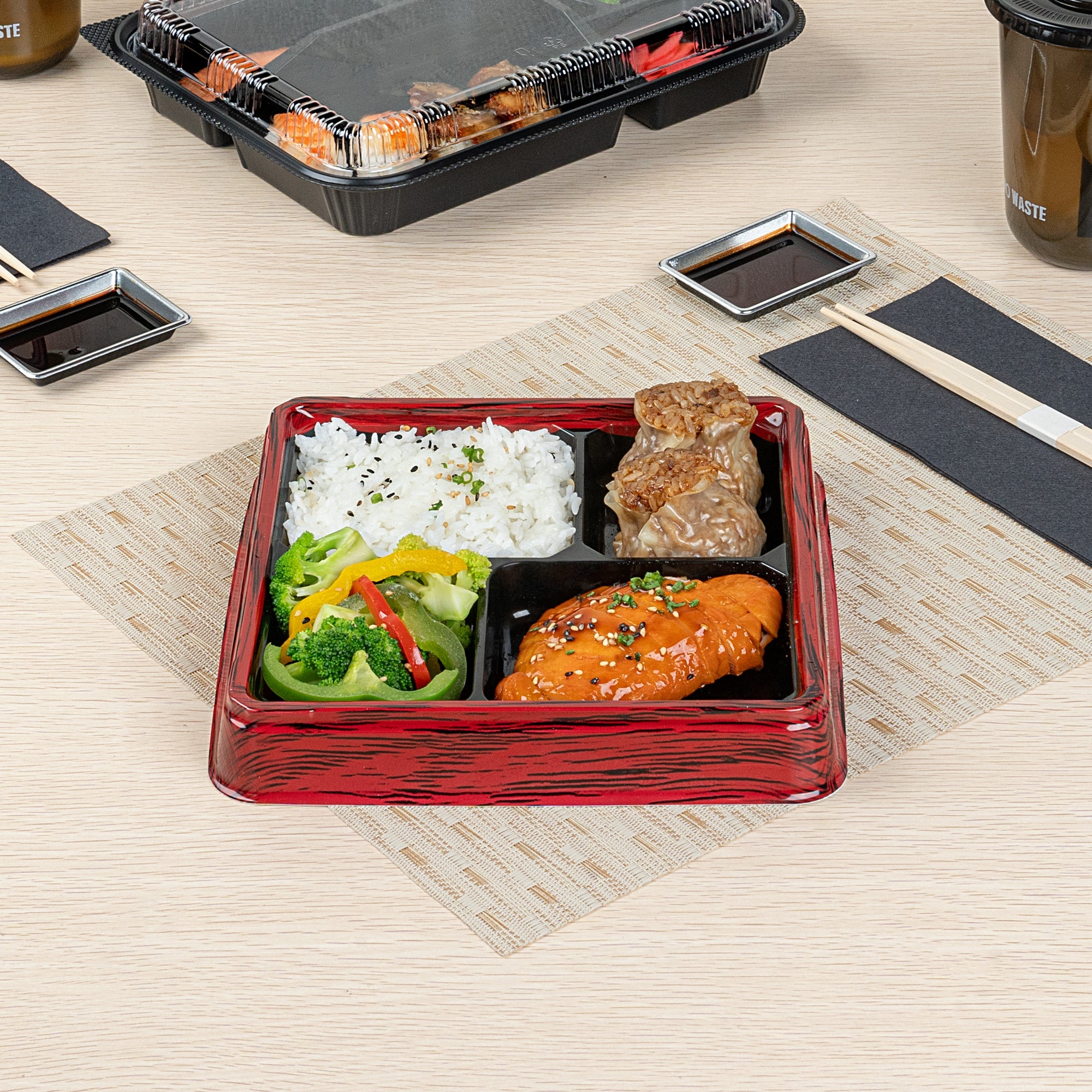 Bento Tek 18 oz Square Red and Black Plastic Bento Box - 4 Compartments - 8 1/2" x 8 1/2" x 1 1/4" - 50 count box