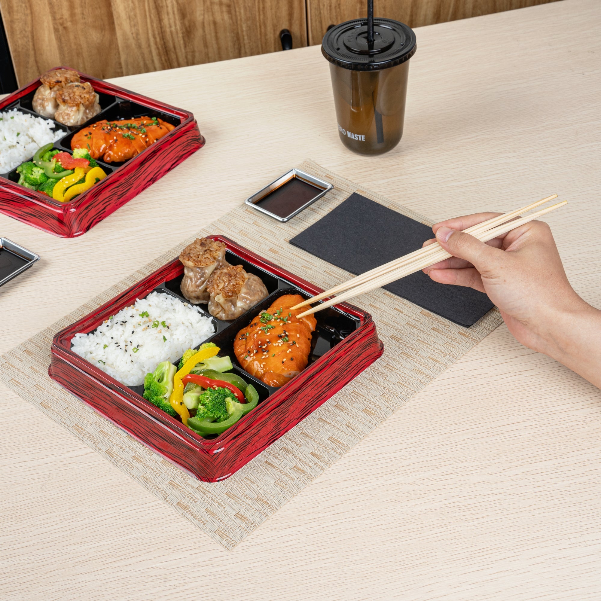 Bento Tek 18 oz Square Red and Black Plastic Bento Box - 4 Compartments - 8 1/2" x 8 1/2" x 1 1/4" - 50 count box