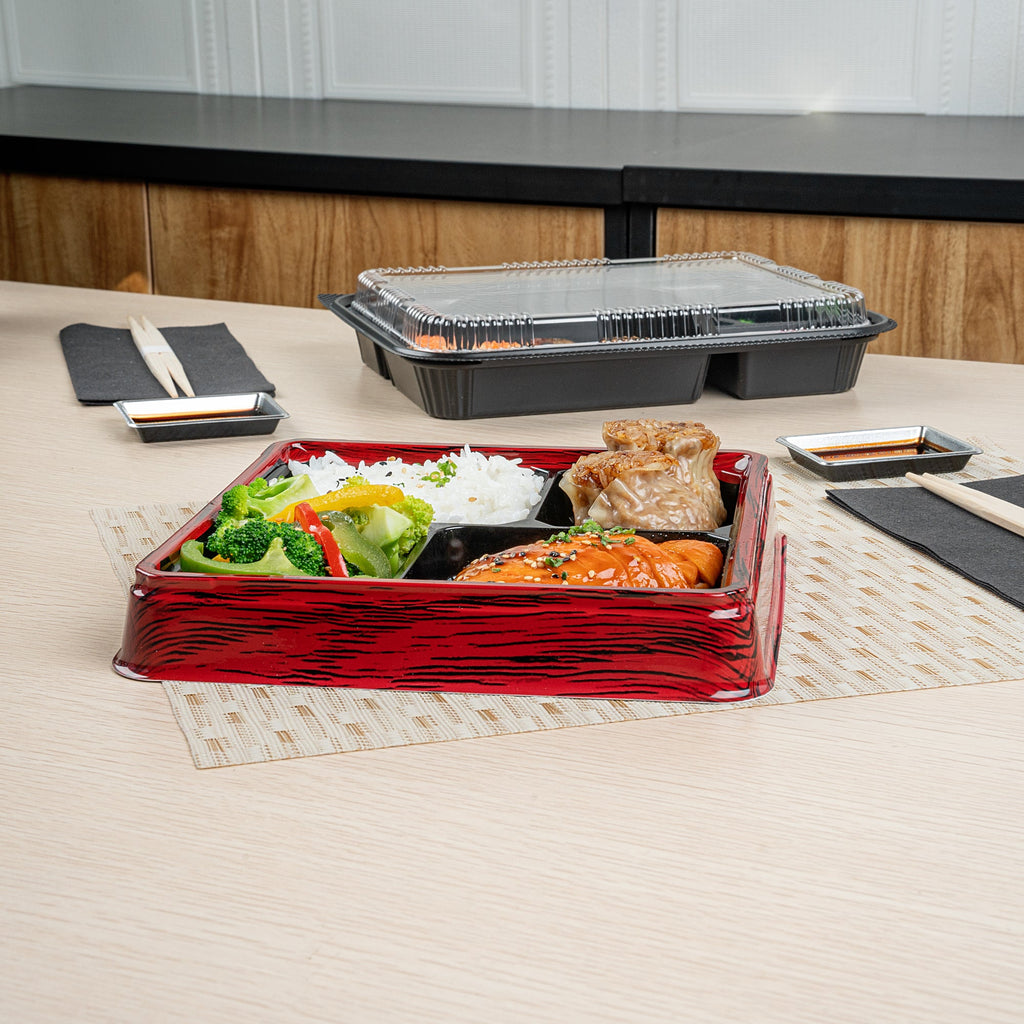 Bento Tek 18 oz Square Red and Black Plastic Bento Box - 4 Compartments - 8 1/2" x 8 1/2" x 1 1/4" - 50 count box