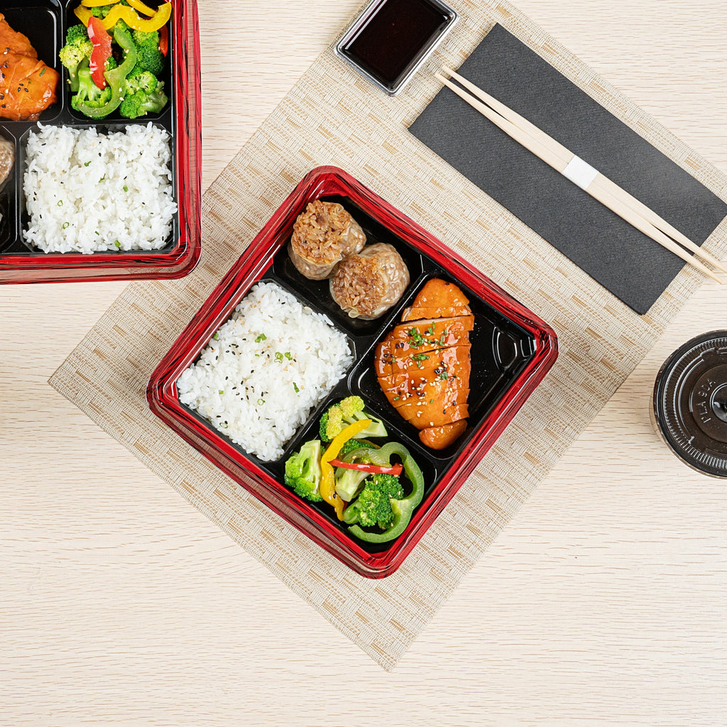 Bento Tek 18 oz Square Red and Black Plastic Bento Box - 4 Compartments - 8 1/2" x 8 1/2" x 1 1/4" - 50 count box