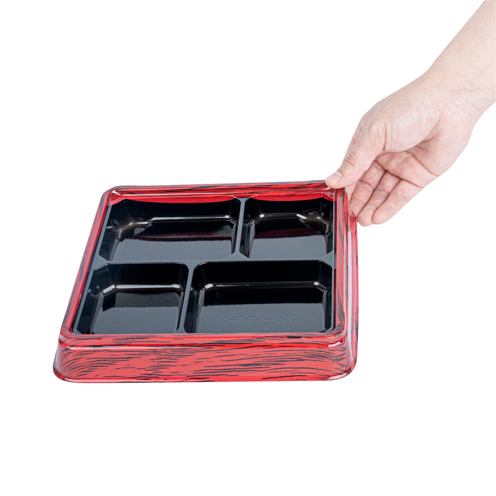 Bento Tek 18 oz Square Red and Black Plastic Bento Box - 4 Compartments - 8 1/2" x 8 1/2" x 1 1/4" - 100 count box