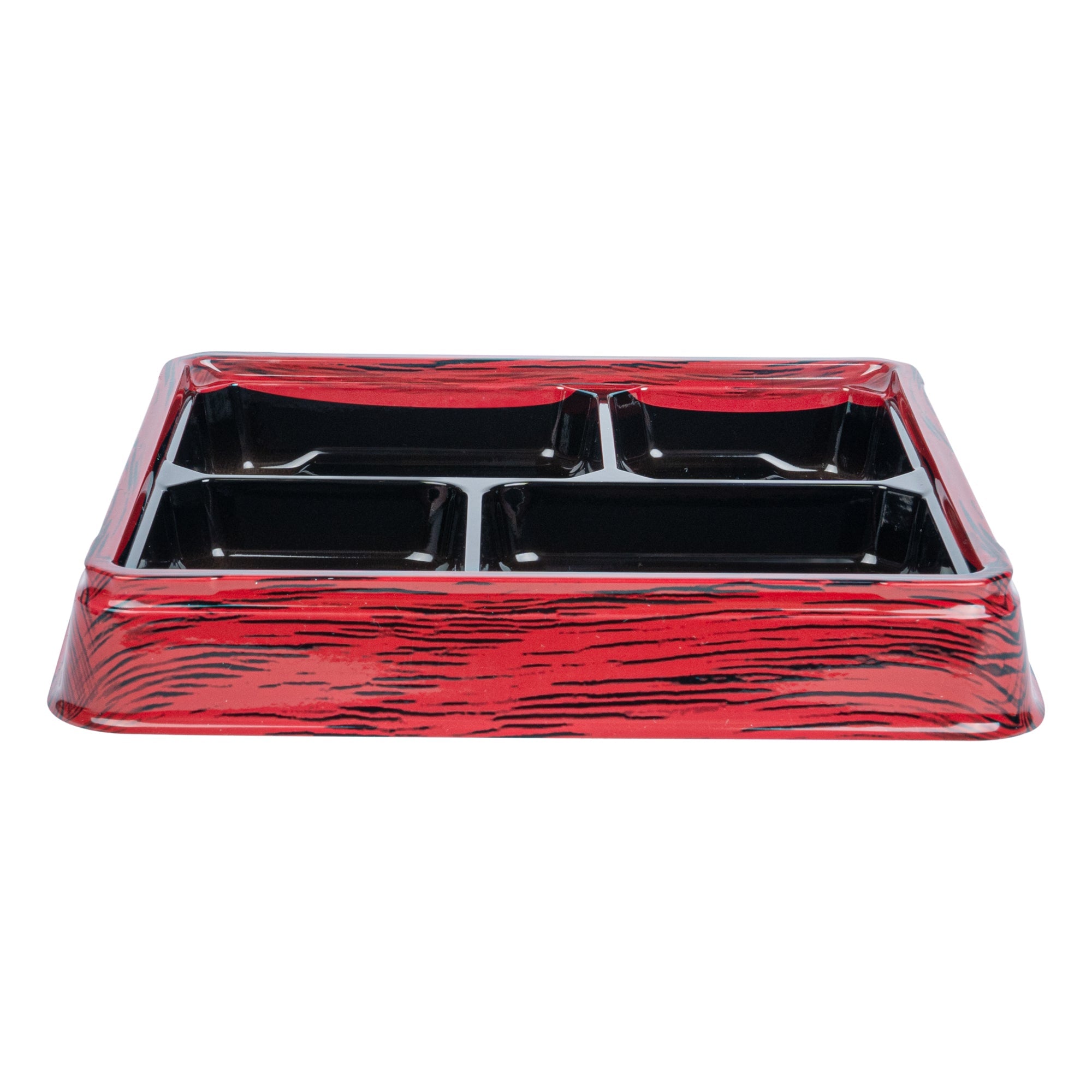 Bento Tek 18 oz Square Red and Black Plastic Bento Box - 4 Compartments - 8 1/2" x 8 1/2" x 1 1/4" - 100 count box