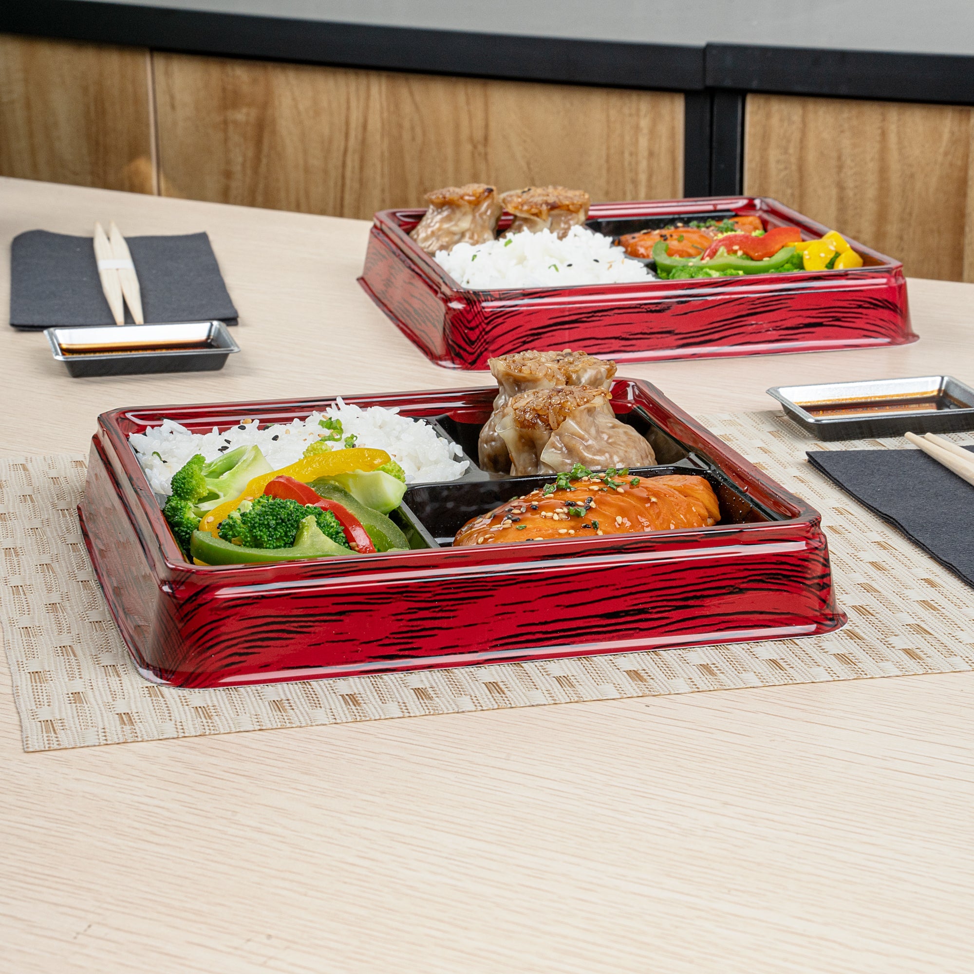 Bento Tek 18 oz Square Red and Black Plastic Bento Box - 4 Compartments - 8 1/2" x 8 1/2" x 1 1/4" - 100 count box