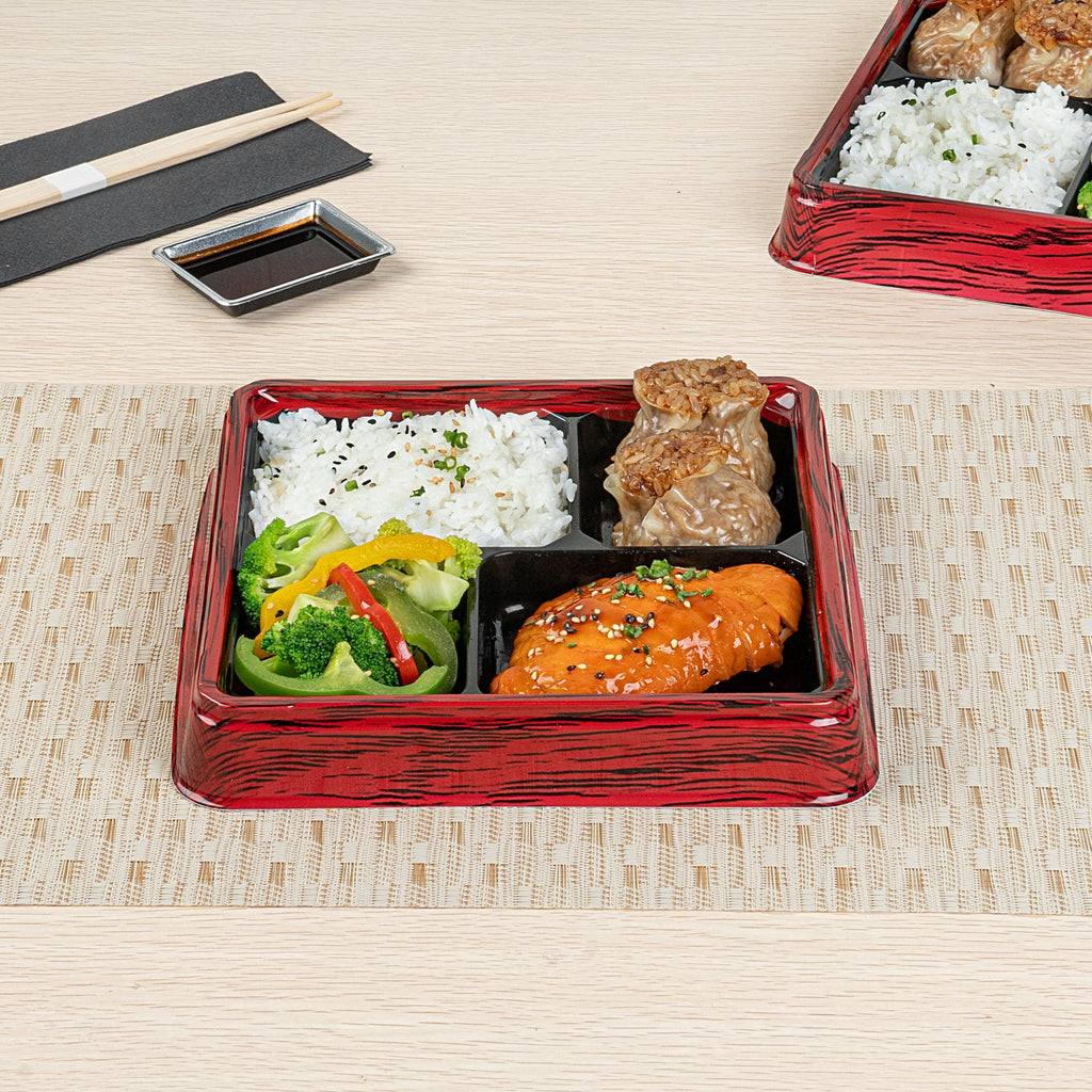 Bento Tek 18 oz Square Red and Black Plastic Bento Box - 4 Compartments - 8 1/2" x 8 1/2" x 1 1/4" - 100 count box