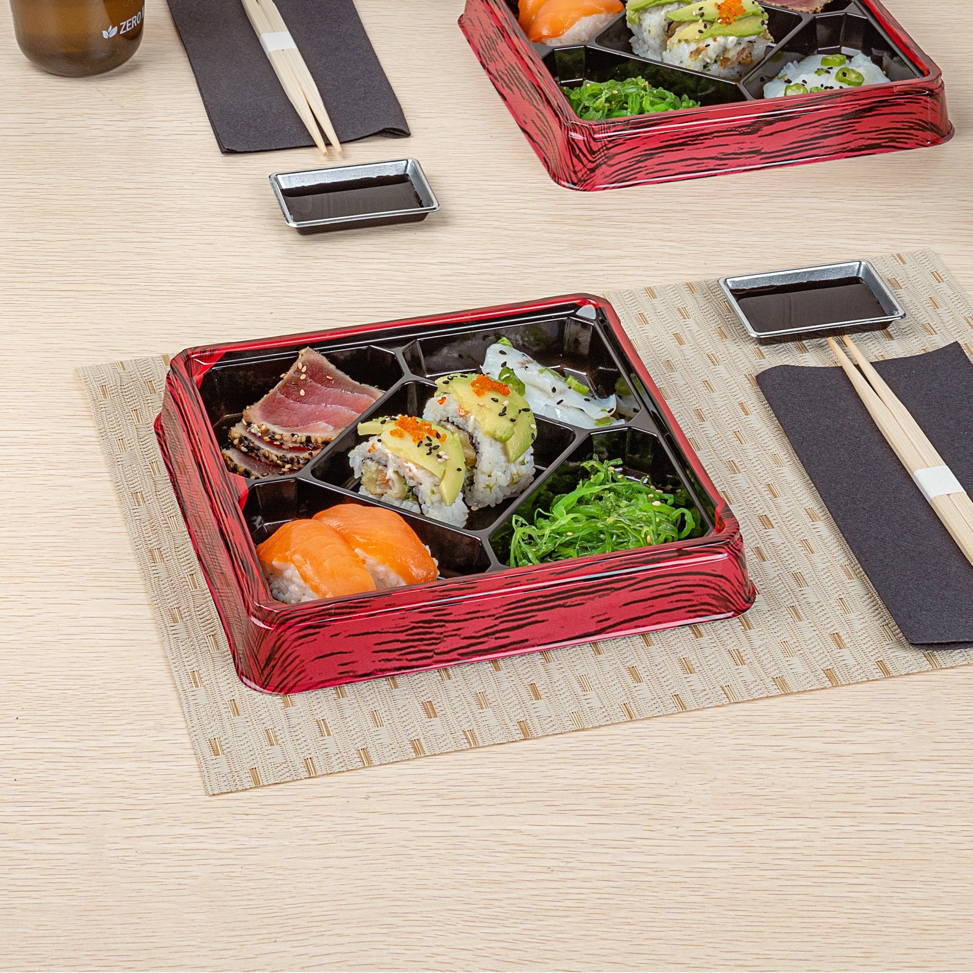 Bento Tek 19 oz Square Red and Black Plastic Bento Box - 5 Compartments - 8 1/2" x 8 1/2" x 1 1/4" - 100 count box