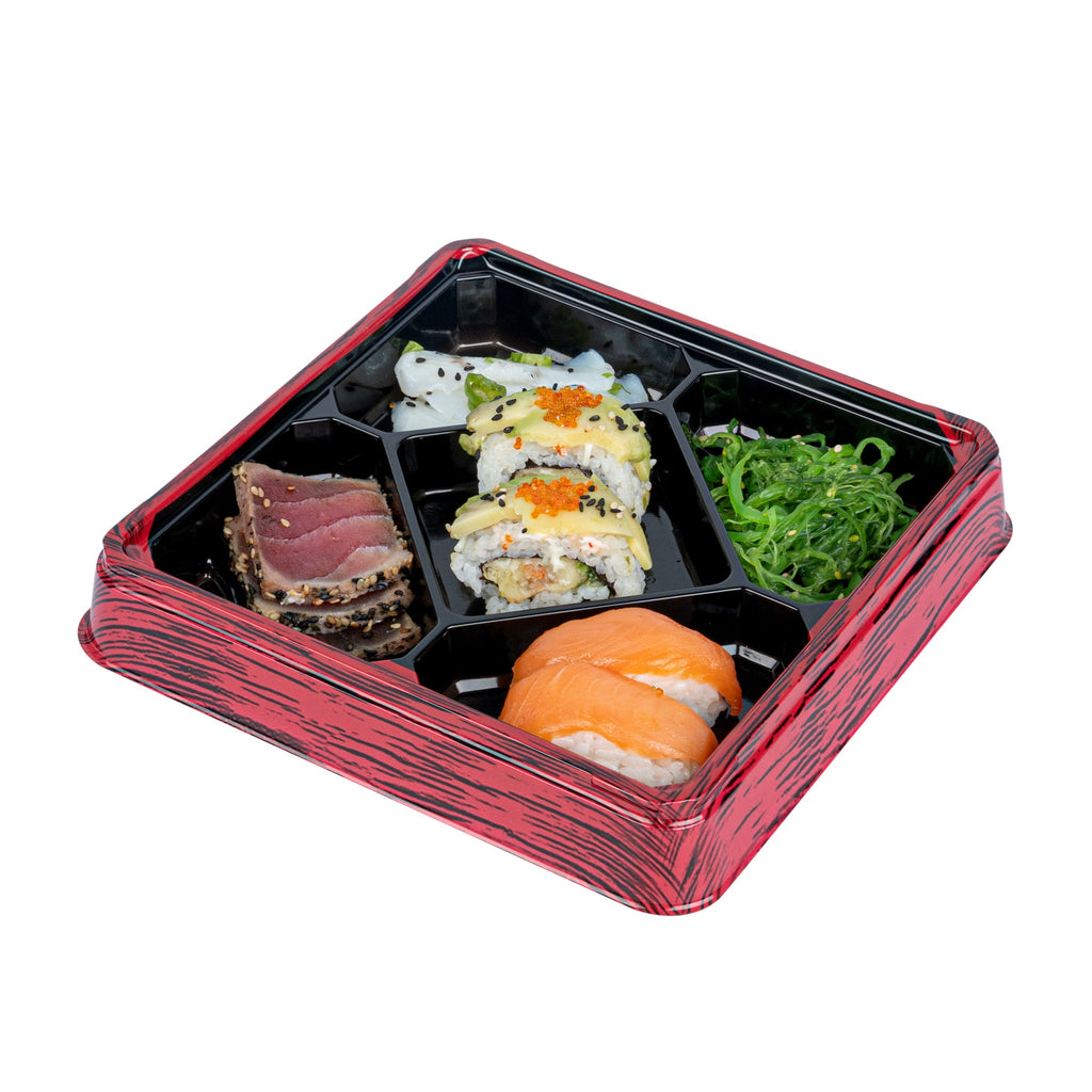 Bento Tek 19 oz Square Red and Black Plastic Bento Box - 5 Compartments - 8 1/2" x 8 1/2" x 1 1/4" - 50 count box