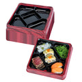 Bento Tek 19 oz Square Red and Black Plastic Bento Box - 5 Compartments - 8 1/2" x 8 1/2" x 1 1/4" - 50 count box