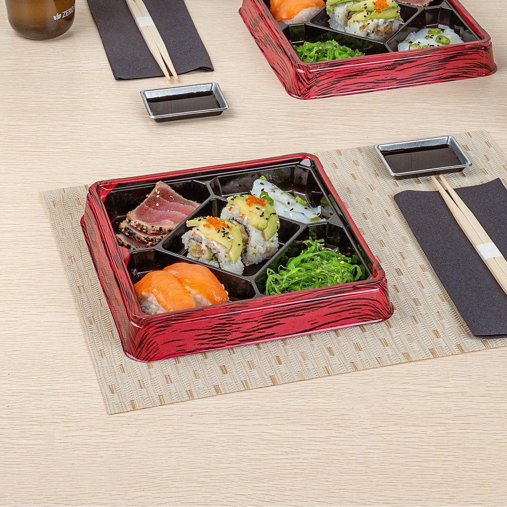 Bento Tek 19 oz Square Red and Black Plastic Bento Box - 5 Compartments - 8 1/2" x 8 1/2" x 1 1/4" - 50 count box