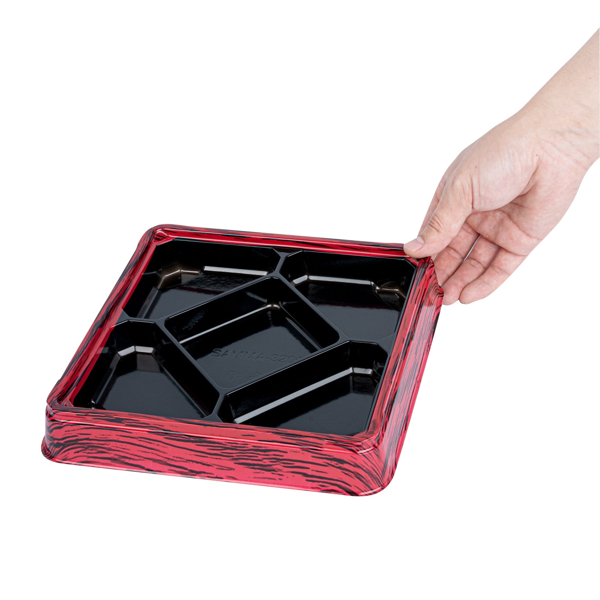 Bento Tek 19 oz Square Red and Black Plastic Bento Box - 5 Compartments - 8 1/2" x 8 1/2" x 1 1/4" - 50 count box