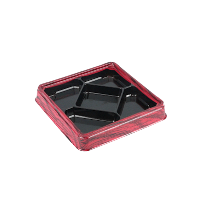 Bento Tek 19 oz Square Red and Black Plastic Bento Box - 5 Compartments - 8 1/2" x 8 1/2" x 1 1/4" - 50 count box