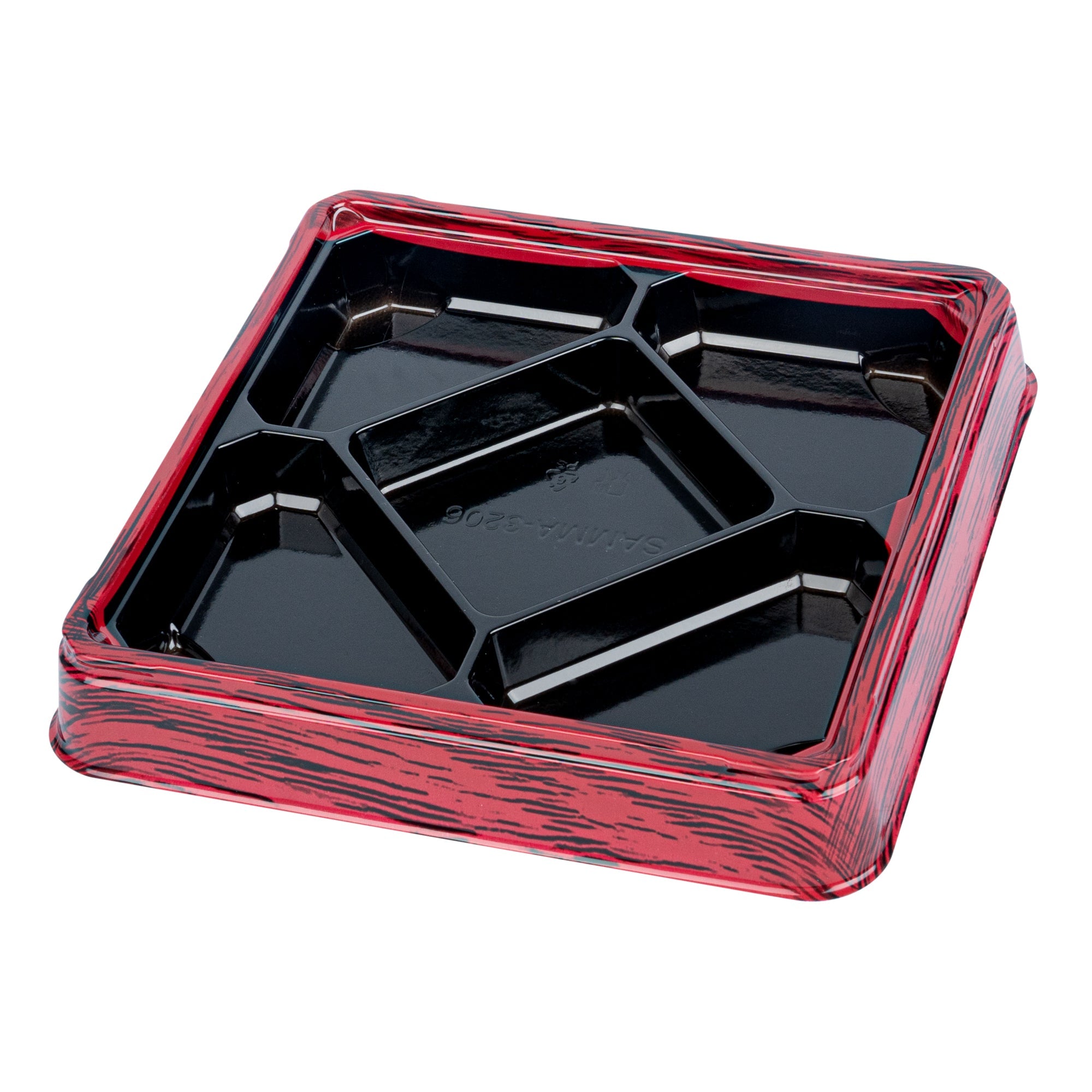 Bento Tek 19 oz Square Red and Black Plastic Bento Box - 5 Compartments - 8 1/2" x 8 1/2" x 1 1/4" - 50 count box