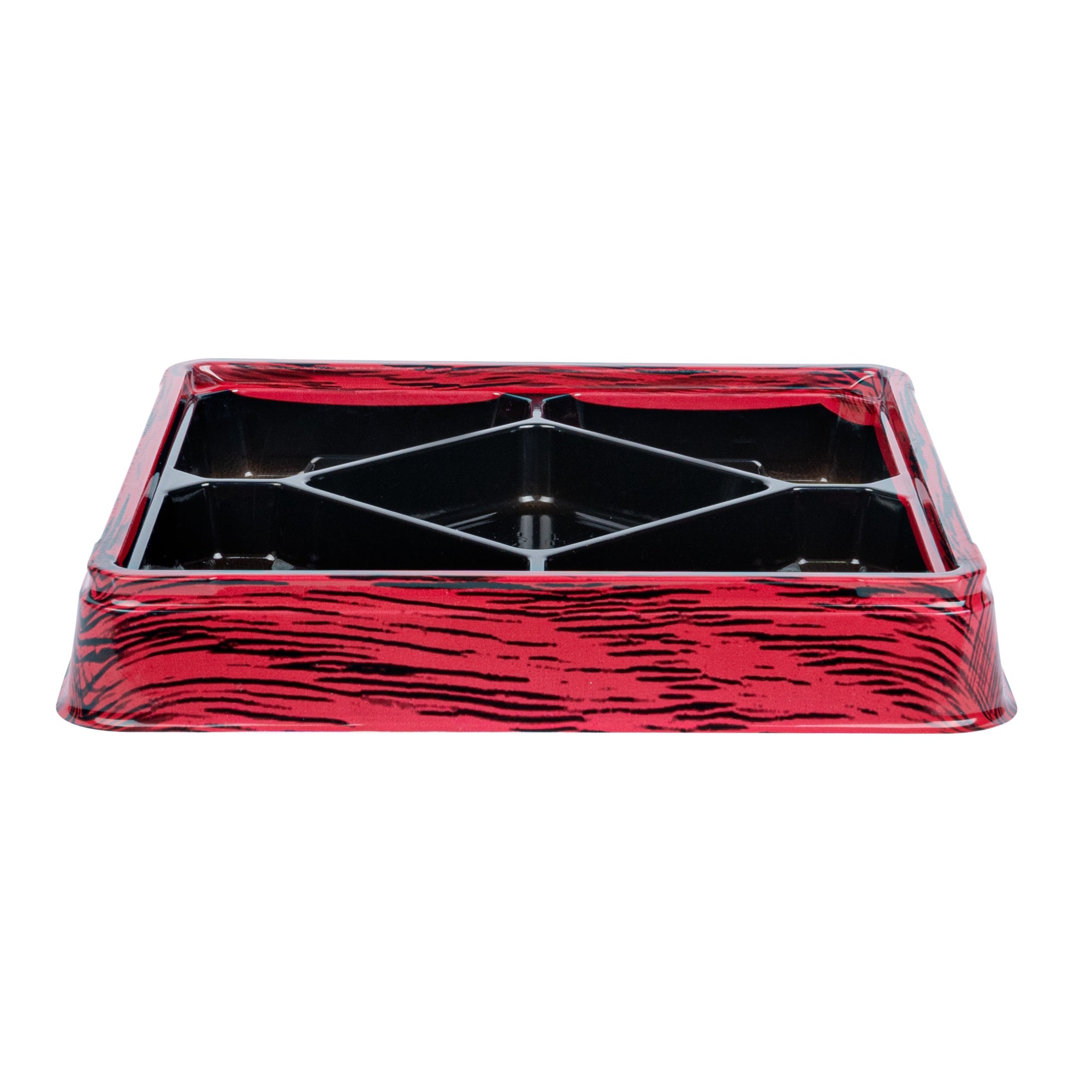 Bento Tek 19 oz Square Red and Black Plastic Bento Box - 5 Compartments - 8 1/2" x 8 1/2" x 1 1/4" - 50 count box