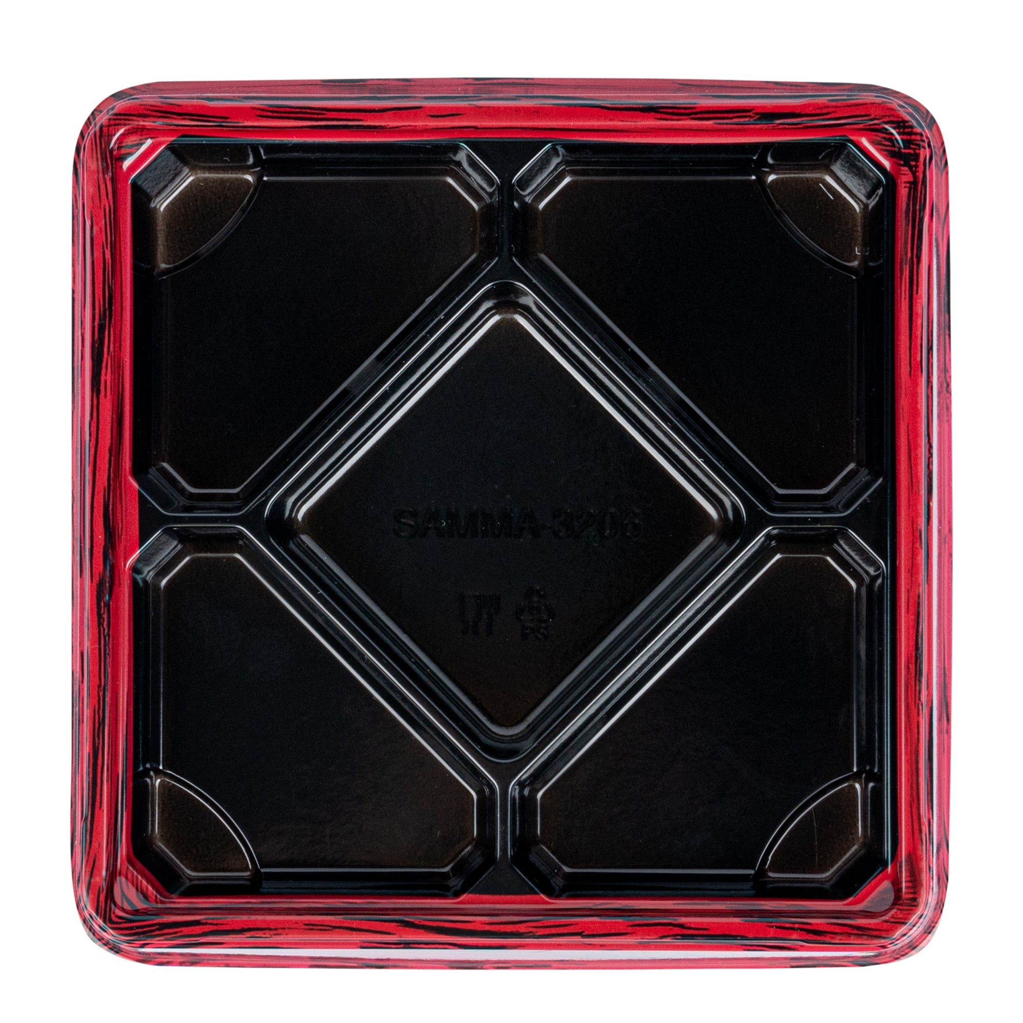 Bento Tek 19 oz Square Red and Black Plastic Bento Box - 5 Compartments - 8 1/2" x 8 1/2" x 1 1/4" - 50 count box