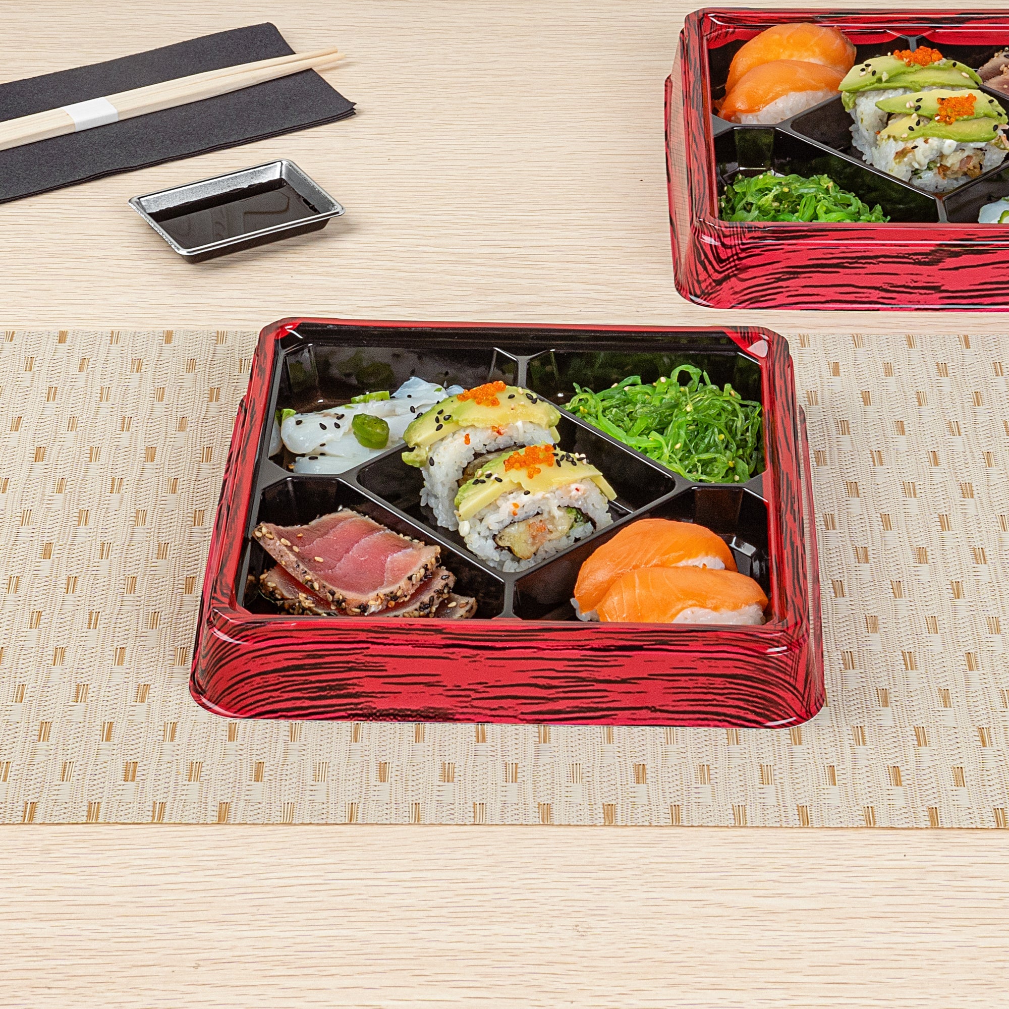 Bento Tek 19 oz Square Red and Black Plastic Bento Box - 5 Compartments - 8 1/2" x 8 1/2" x 1 1/4" - 50 count box