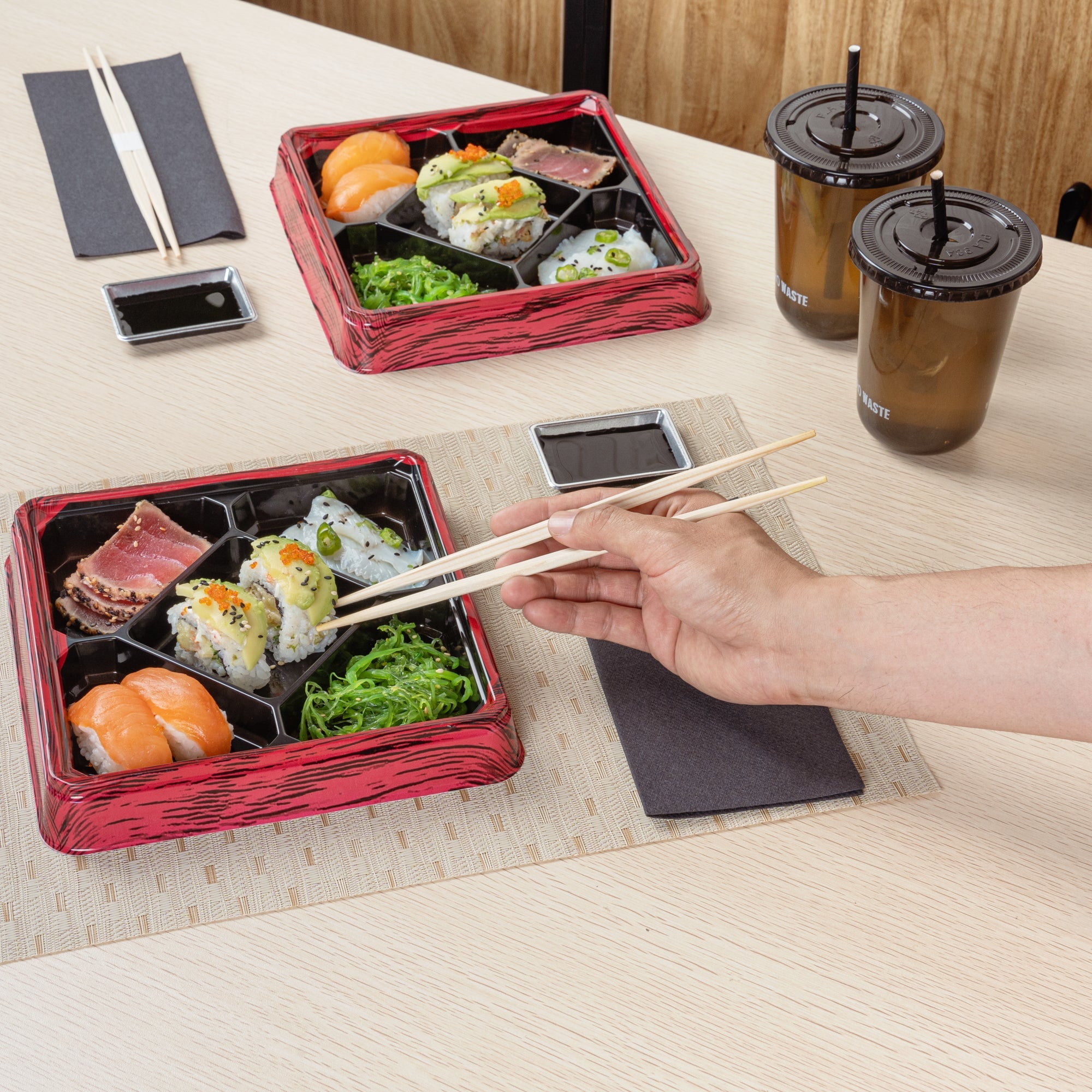 Bento Tek 19 oz Square Red and Black Plastic Bento Box - 5 Compartments - 8 1/2" x 8 1/2" x 1 1/4" - 50 count box