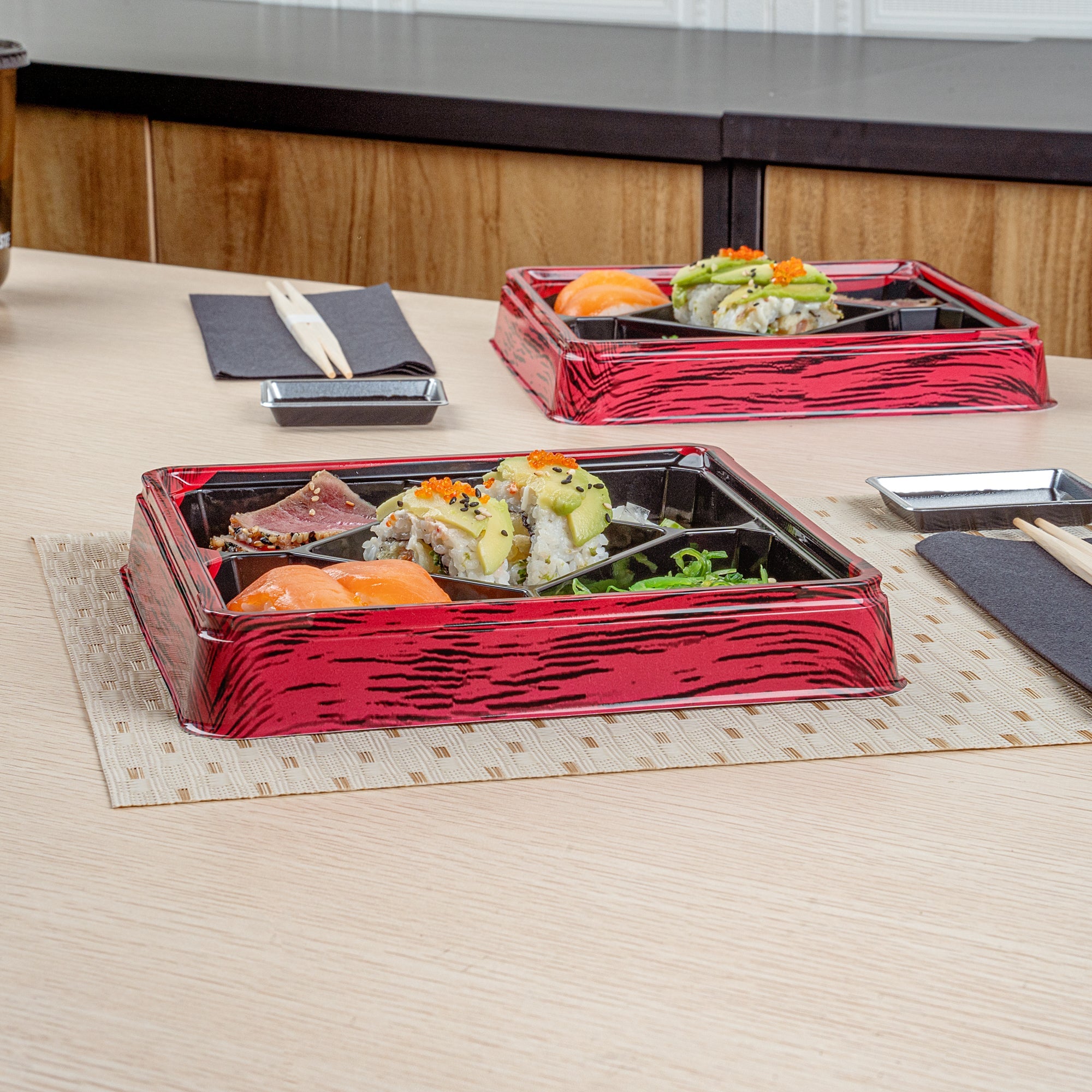 Bento Tek 19 oz Square Red and Black Plastic Bento Box - 5 Compartments - 8 1/2" x 8 1/2" x 1 1/4" - 50 count box