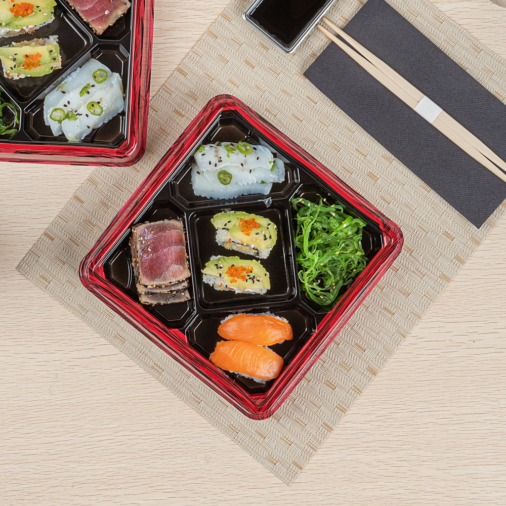 Bento Tek 19 oz Square Red and Black Plastic Bento Box - 5 Compartments - 8 1/2" x 8 1/2" x 1 1/4" - 50 count box