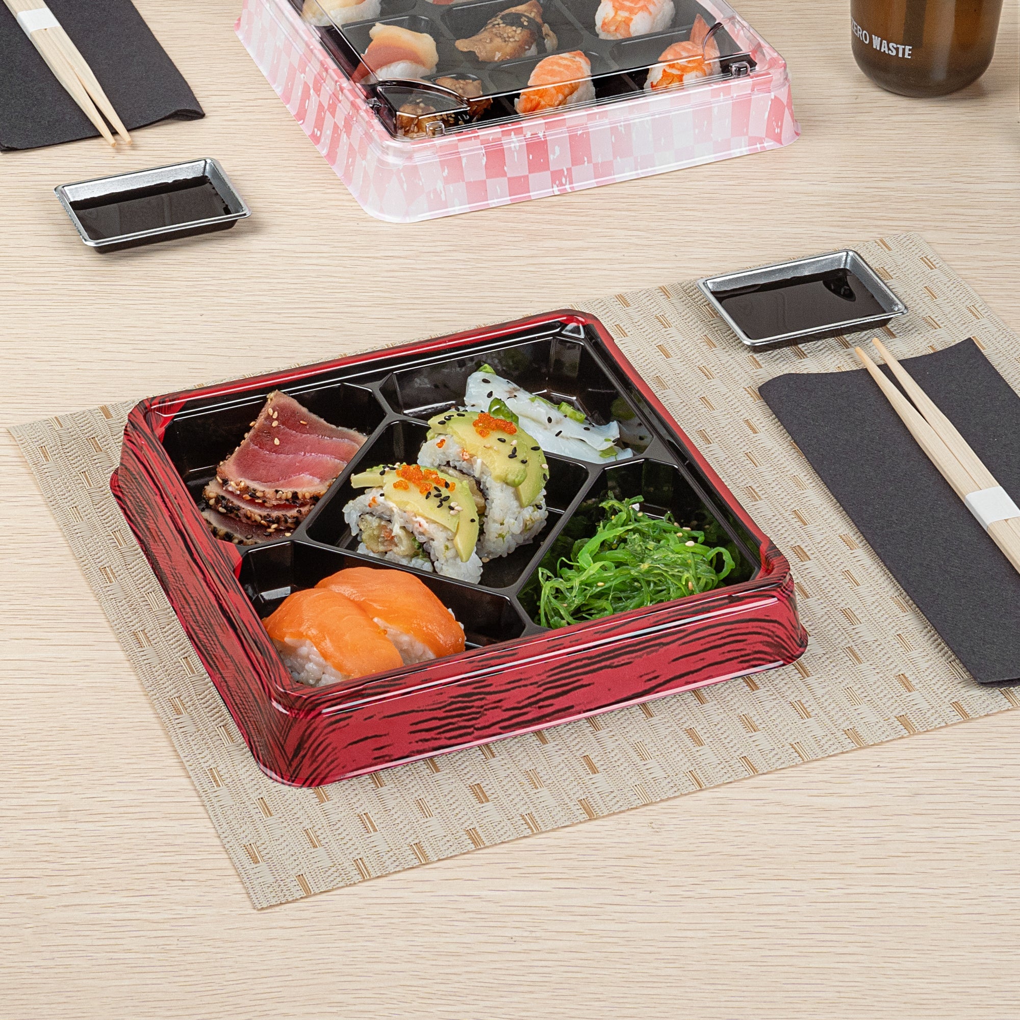 Bento Tek 19 oz Square Red and Black Plastic Bento Box - 5 Compartments - 8 1/2" x 8 1/2" x 1 1/4" - 50 count box
