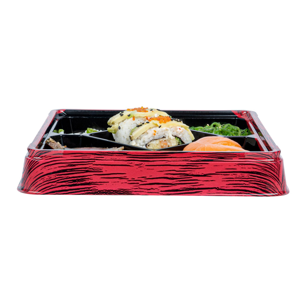 Bento Tek 19 oz Square Red and Black Plastic Bento Box - 5 Compartments - 8 1/2" x 8 1/2" x 1 1/4" - 100 count box