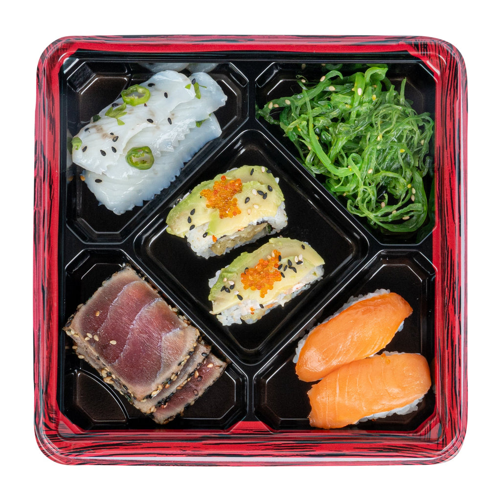 Bento Tek 19 oz Square Red and Black Plastic Bento Box - 5 Compartments - 8 1/2" x 8 1/2" x 1 1/4" - 100 count box