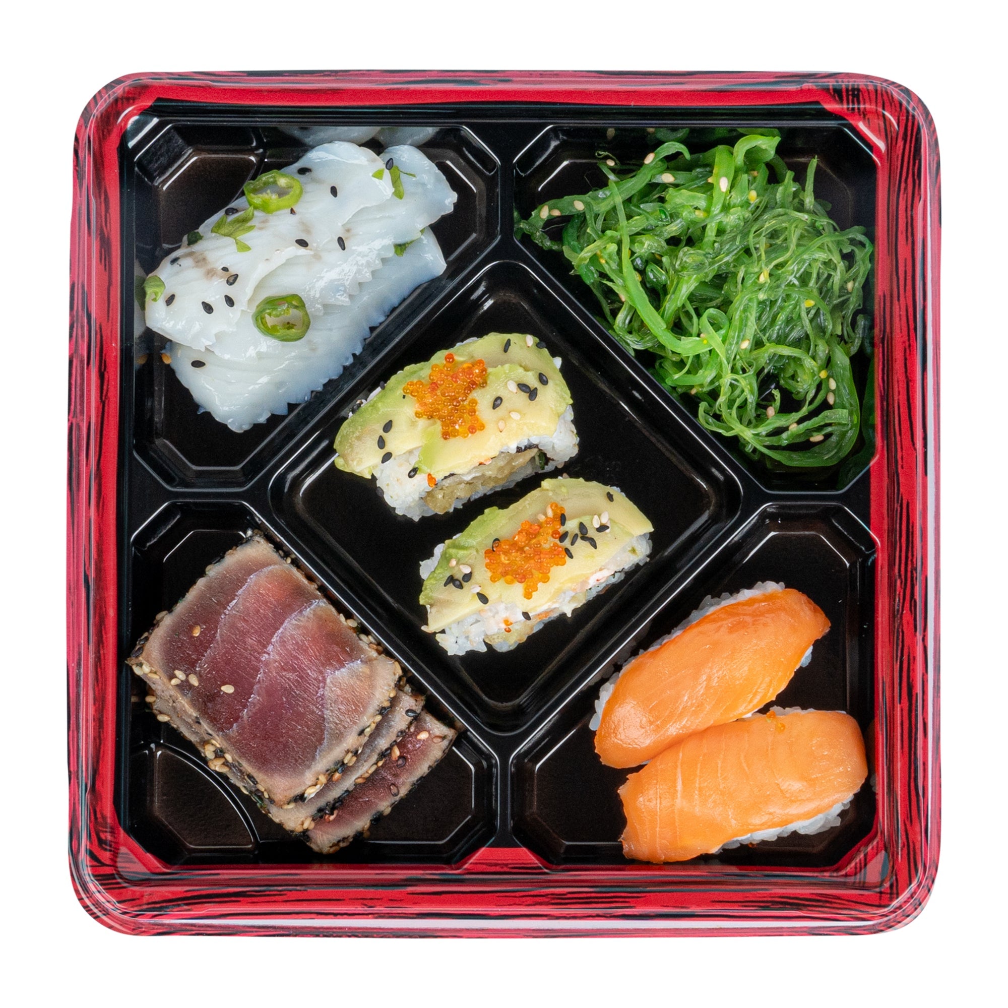 Bento Tek 19 oz Square Red and Black Plastic Bento Box - 5 Compartments - 8 1/2" x 8 1/2" x 1 1/4" - 100 count box