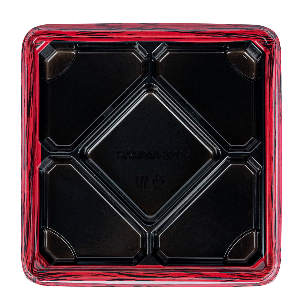 Bento Tek 19 oz Square Red and Black Plastic Bento Box - 5 Compartments - 8 1/2" x 8 1/2" x 1 1/4" - 100 count box