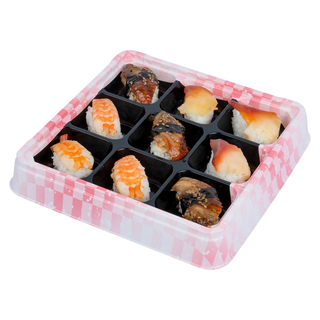 Bento Tek 17 oz Square Pink and Black Plastic Bento Box - 9 Compartments - 8 1/2" x 8 1/2" x 1 1/4" - 50 count box