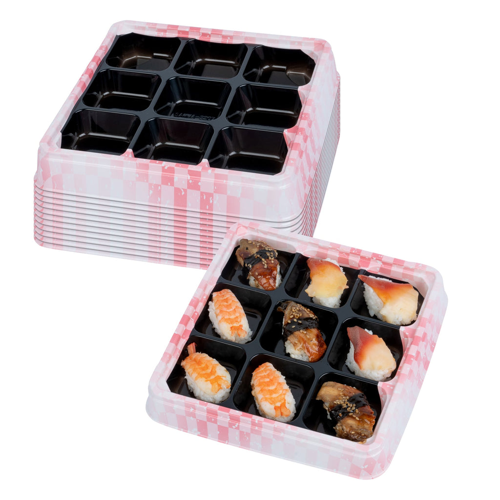Bento Tek 17 oz Square Pink and Black Plastic Bento Box - 9 Compartments - 8 1/2" x 8 1/2" x 1 1/4" - 50 count box