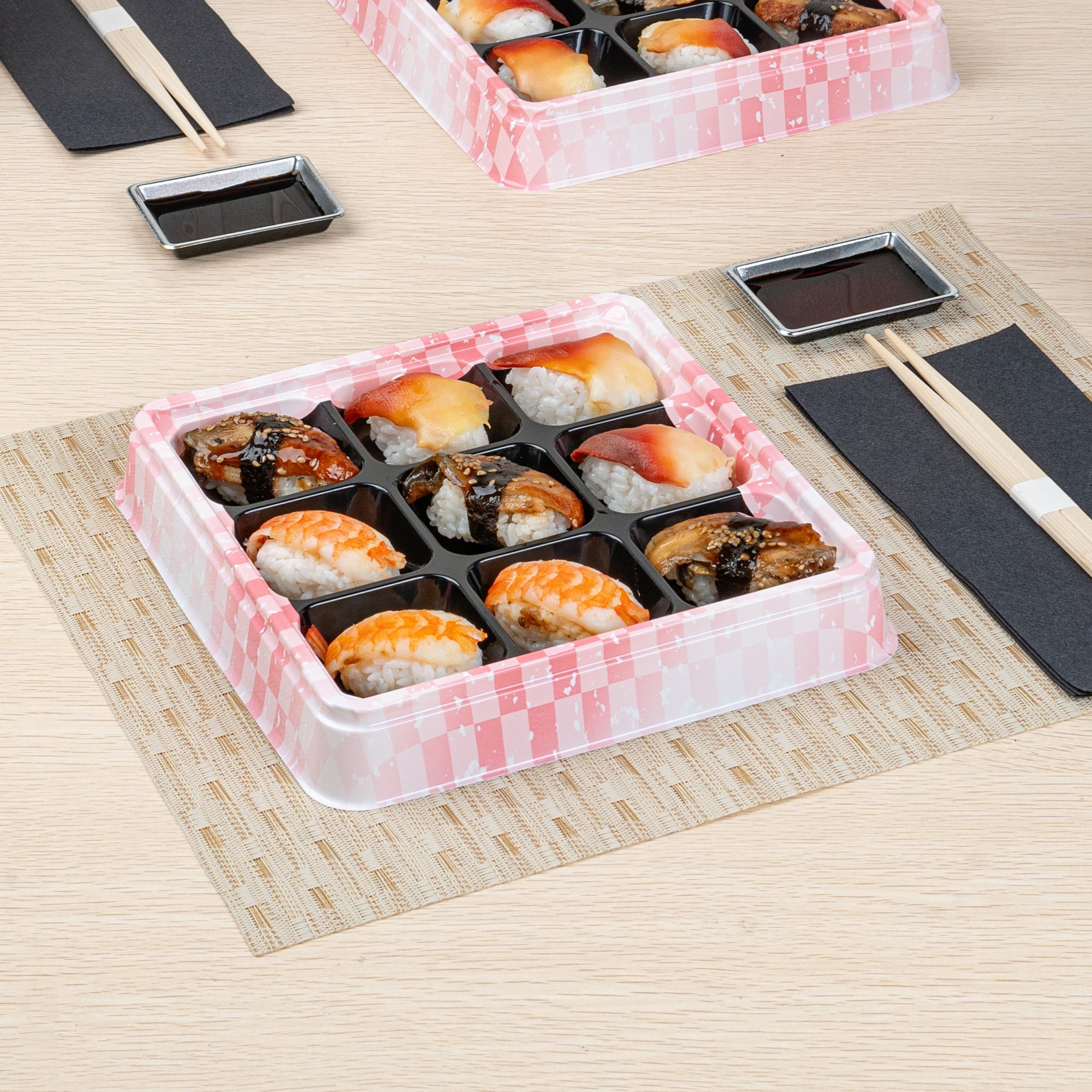Bento Tek 17 oz Square Pink and Black Plastic Bento Box - 9 Compartments - 8 1/2" x 8 1/2" x 1 1/4" - 50 count box