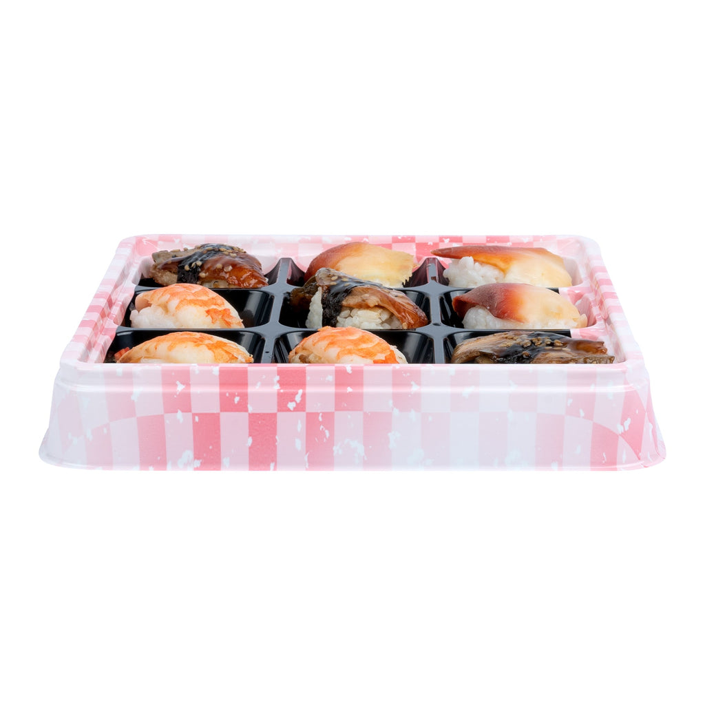 Bento Tek 17 oz Square Pink and Black Plastic Bento Box - 9 Compartments - 8 1/2" x 8 1/2" x 1 1/4" - 50 count box