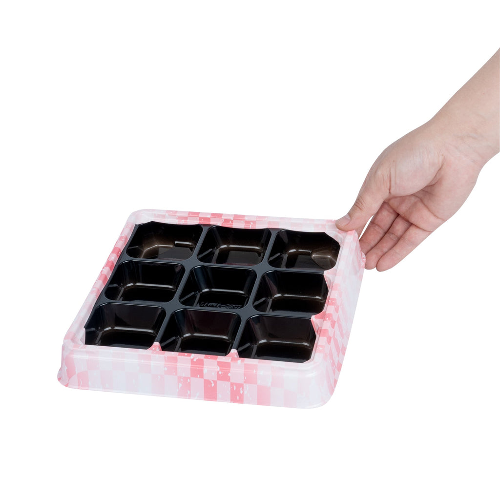 Bento Tek 17 oz Square Pink and Black Plastic Bento Box - 9 Compartments - 8 1/2" x 8 1/2" x 1 1/4" - 50 count box