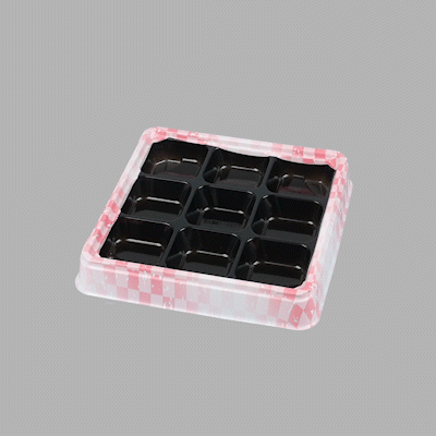 Bento Tek 17 oz Square Pink and Black Plastic Bento Box - 9 Compartments - 8 1/2" x 8 1/2" x 1 1/4" - 50 count box