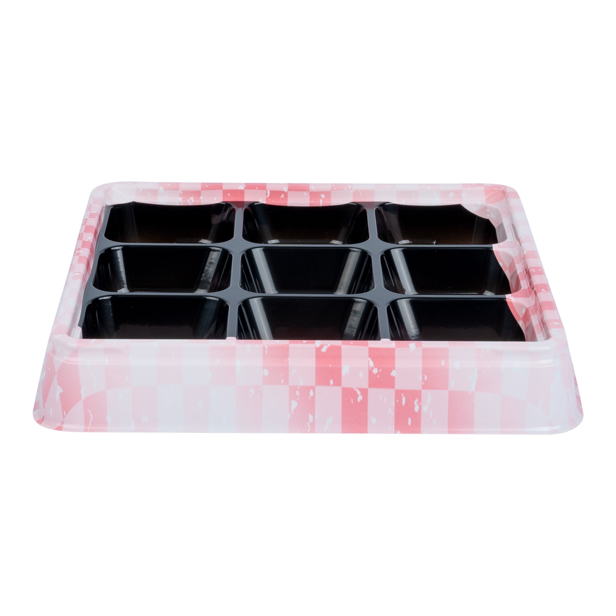 Bento Tek 17 oz Square Pink and Black Plastic Bento Box - 9 Compartments - 8 1/2" x 8 1/2" x 1 1/4" - 50 count box