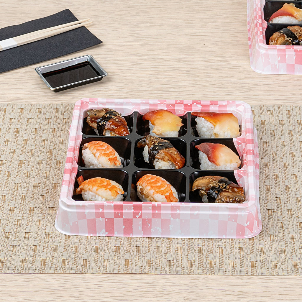 Bento Tek 17 oz Square Pink and Black Plastic Bento Box - 9 Compartments - 8 1/2" x 8 1/2" x 1 1/4" - 50 count box