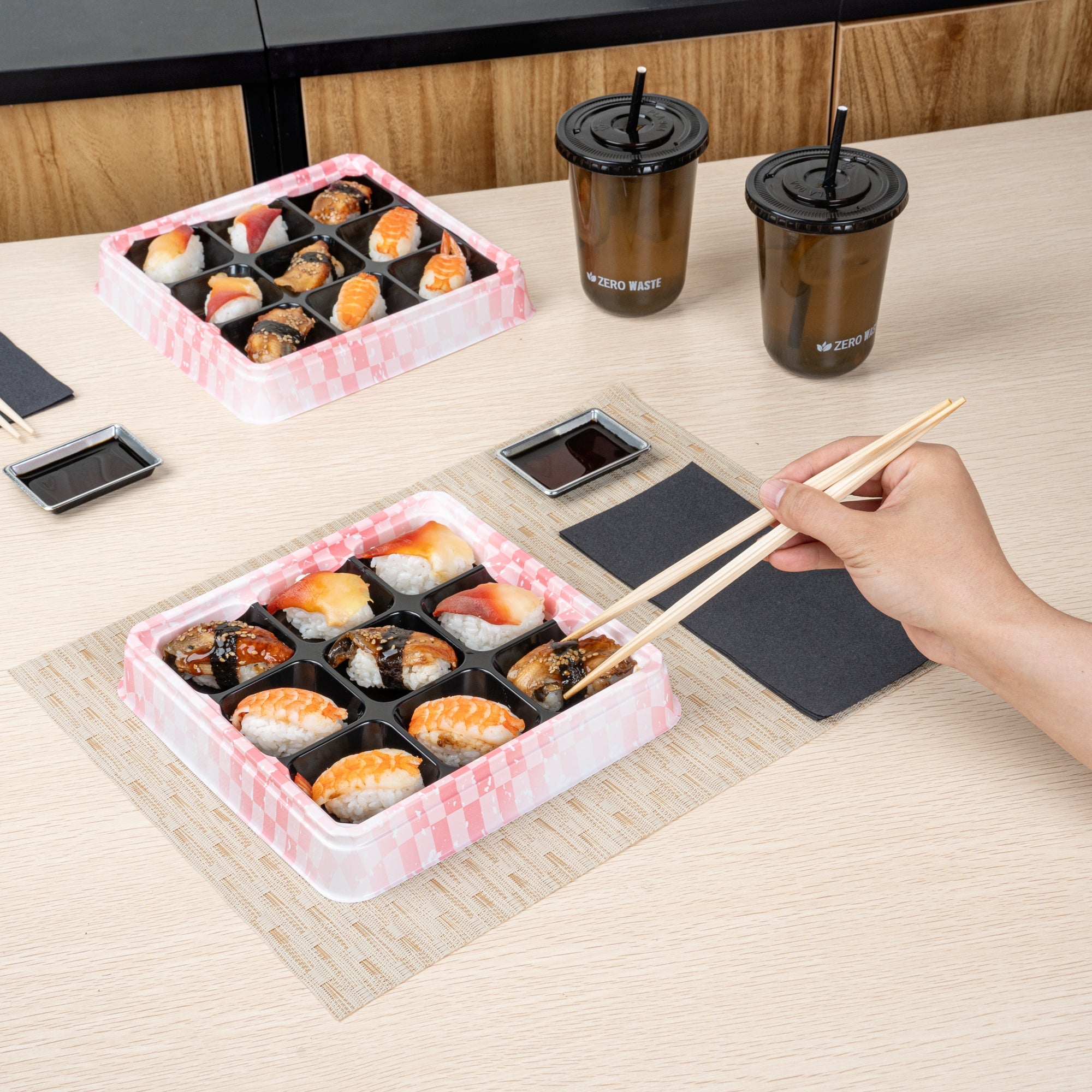 Bento Tek 17 oz Square Pink and Black Plastic Bento Box - 9 Compartments - 8 1/2" x 8 1/2" x 1 1/4" - 50 count box