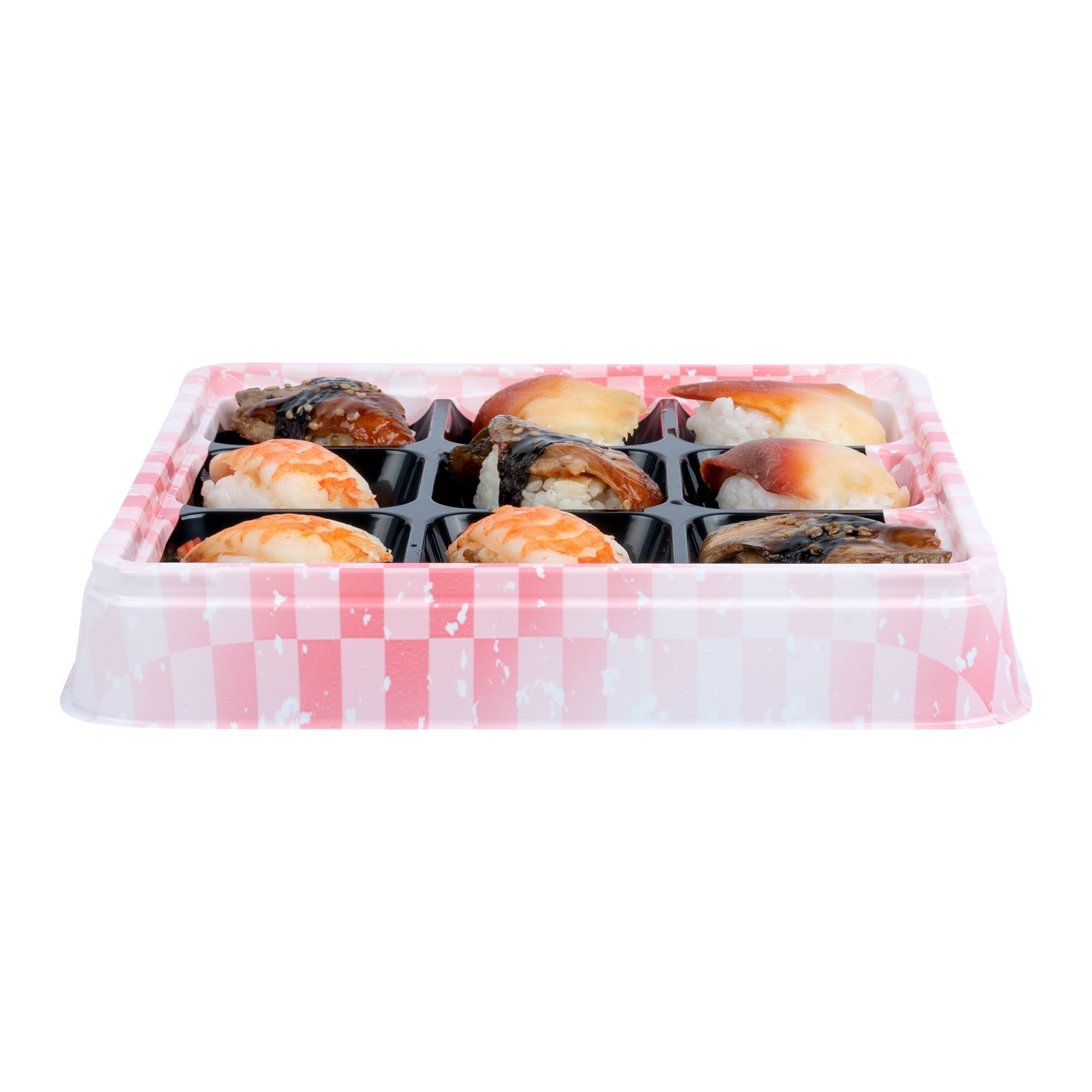 Bento Tek 17 oz Square Pink and Black Plastic Bento Box - 9 Compartments - 8 1/2" x 8 1/2" x 1 1/4" - 100 count box