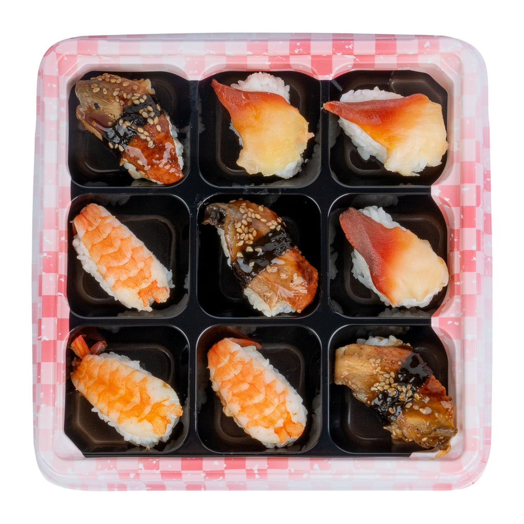 Bento Tek 17 oz Square Pink and Black Plastic Bento Box - 9 Compartments - 8 1/2" x 8 1/2" x 1 1/4" - 100 count box