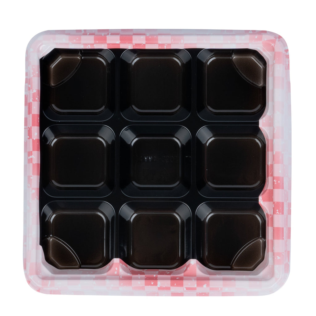Bento Tek 17 oz Square Pink and Black Plastic Bento Box - 9 Compartments - 8 1/2" x 8 1/2" x 1 1/4" - 100 count box