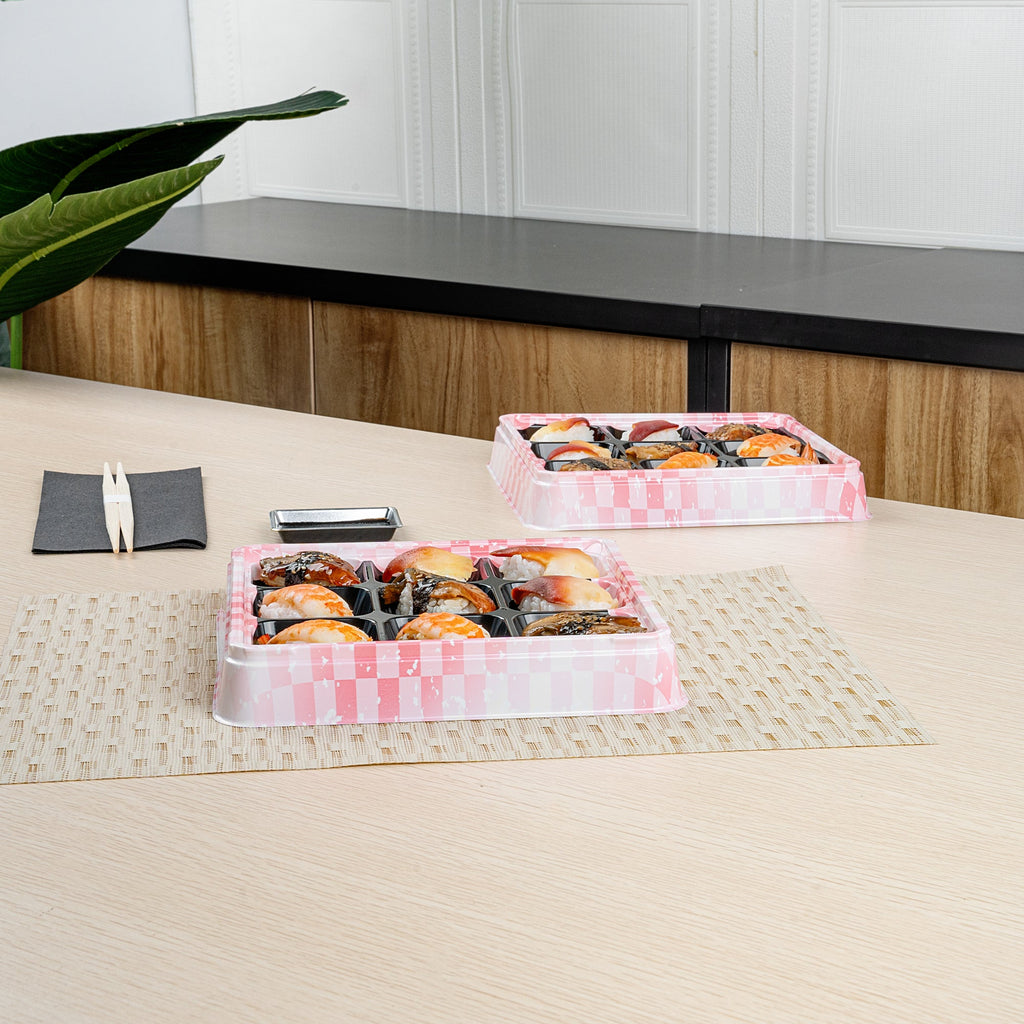 Bento Tek 17 oz Square Pink and Black Plastic Bento Box - 9 Compartments - 8 1/2" x 8 1/2" x 1 1/4" - 100 count box