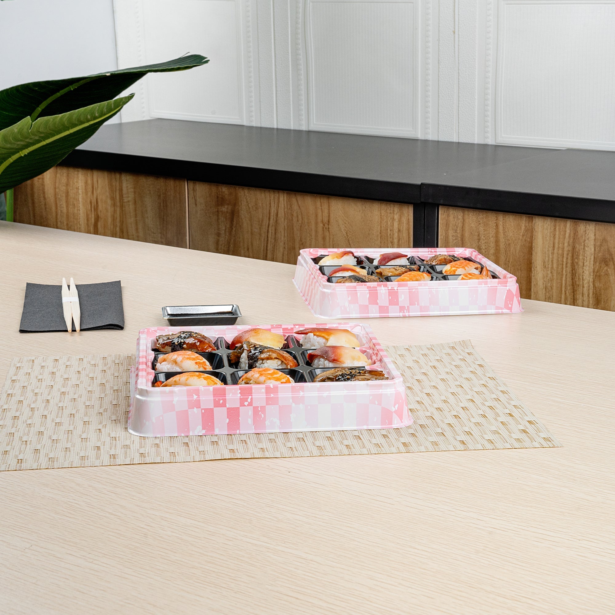Bento Tek 17 oz Square Pink and Black Plastic Bento Box - 9 Compartments - 8 1/2" x 8 1/2" x 1 1/4" - 100 count box
