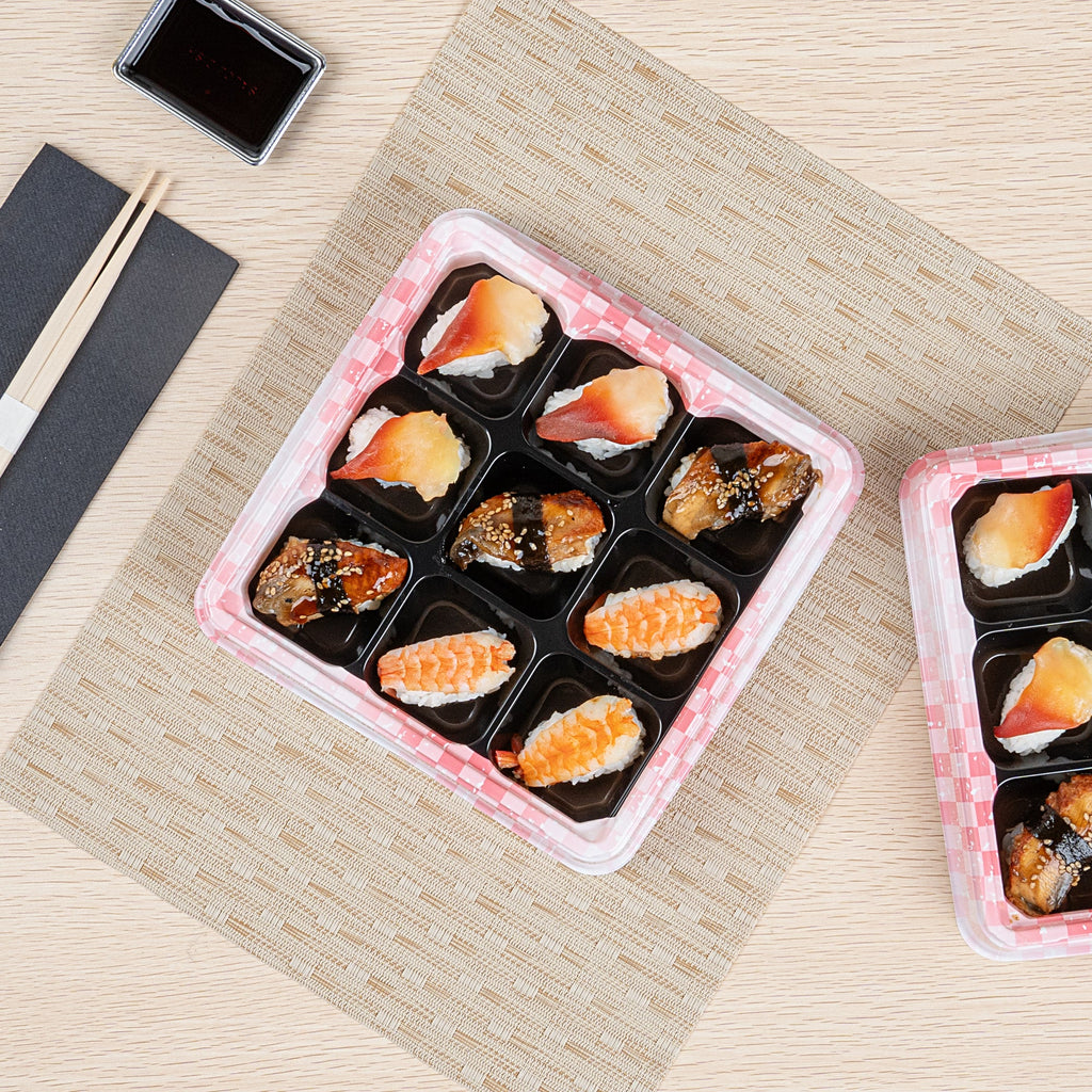Bento Tek 17 oz Square Pink and Black Plastic Bento Box - 9 Compartments - 8 1/2" x 8 1/2" x 1 1/4" - 100 count box