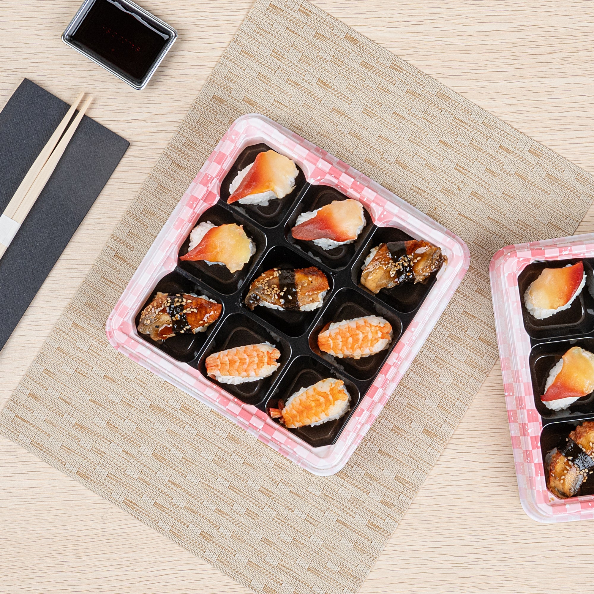 Bento Tek 17 oz Square Pink and Black Plastic Bento Box - 9 Compartments - 8 1/2" x 8 1/2" x 1 1/4" - 100 count box