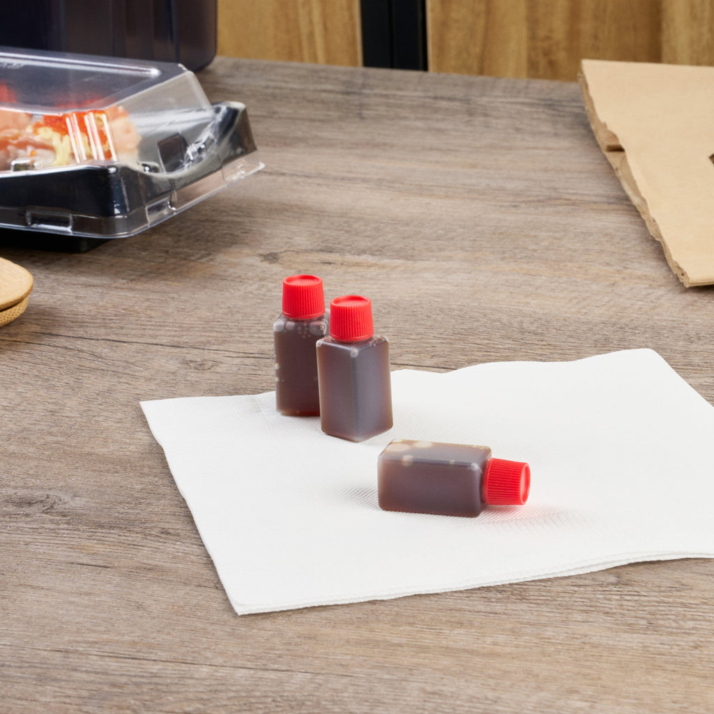 Bento Tek 6 mL Translucent Plastic Soy Sauce Bottle - with Red Cap - 1/2" x 1/2" x 1 3/4" - 100 count box