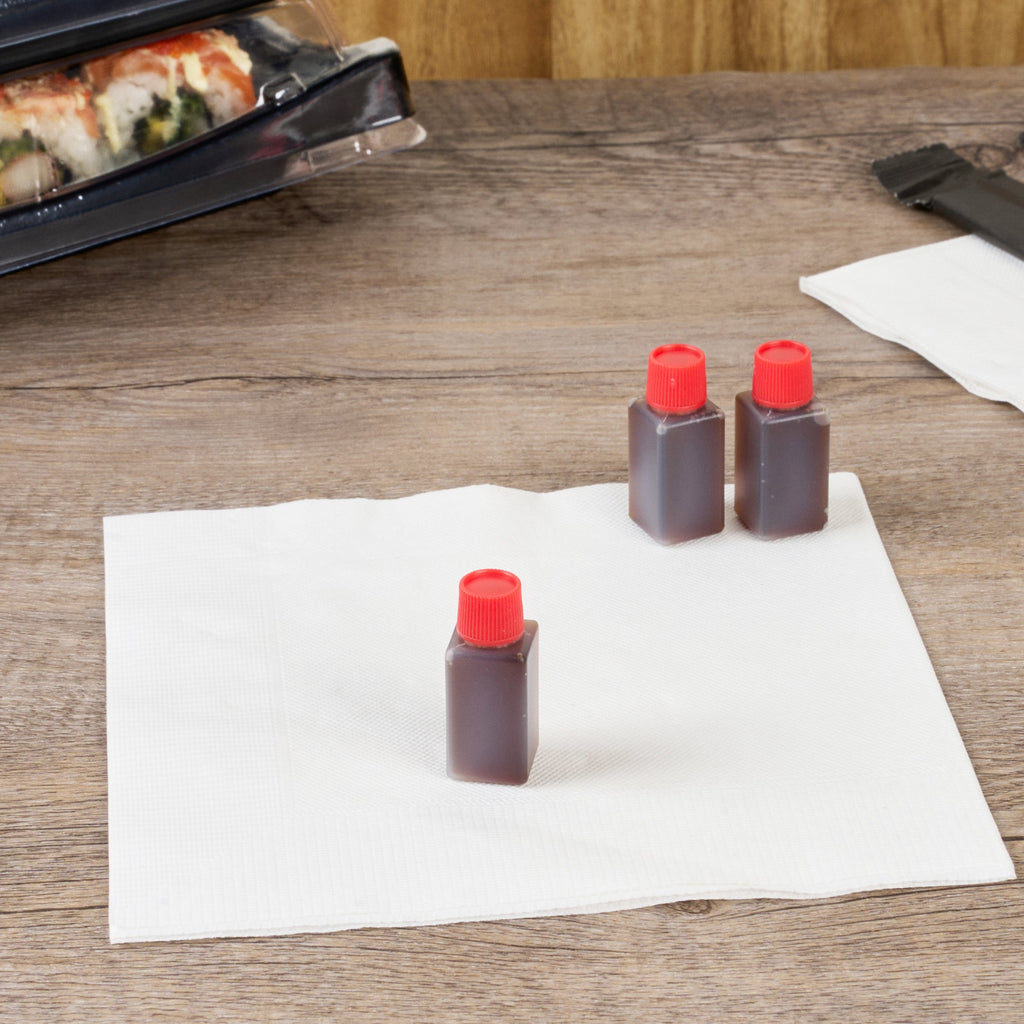 Bento Tek 6 mL Translucent Plastic Soy Sauce Bottle - with Red Cap - 1/2" x 1/2" x 1 3/4" - 100 count box