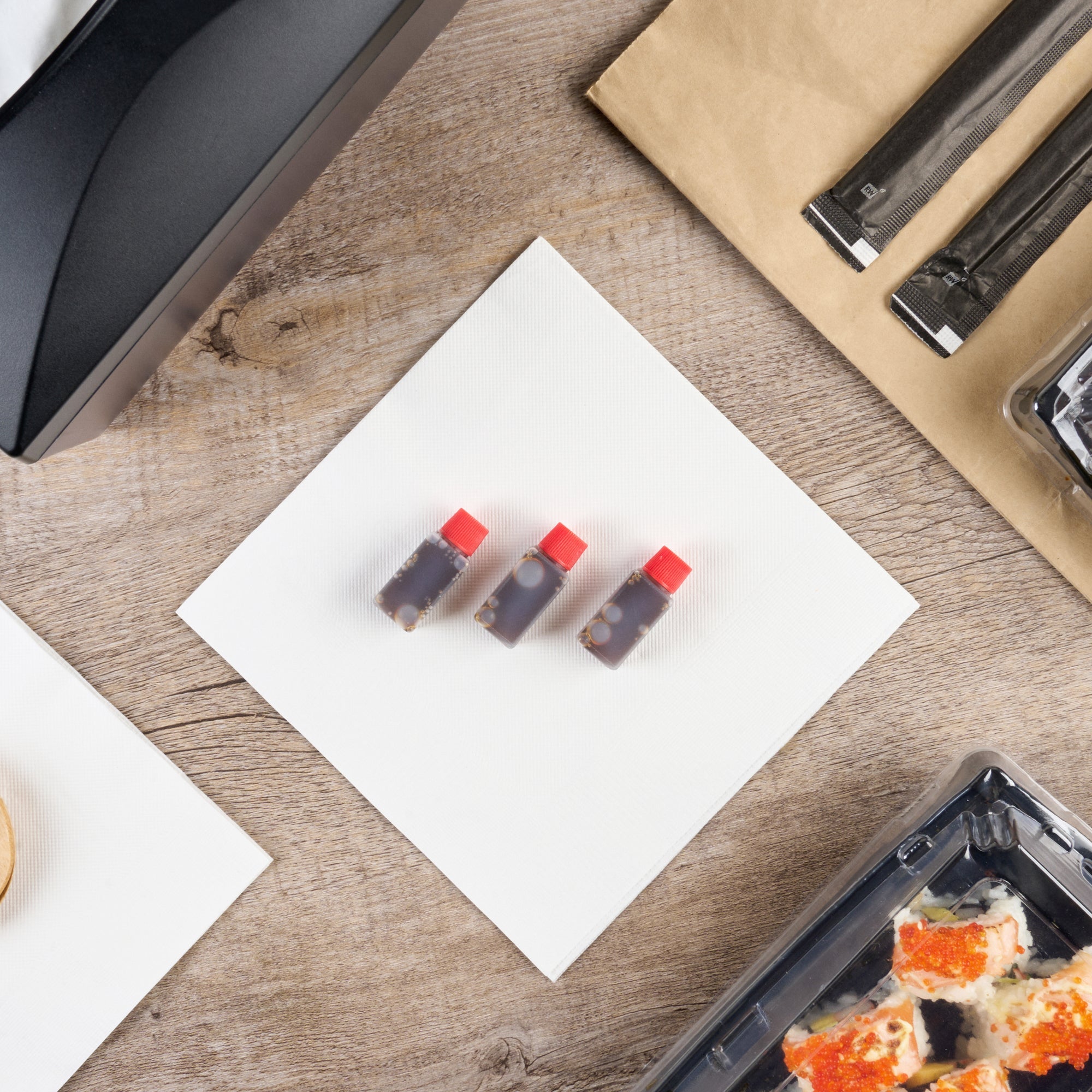 Bento Tek 6 mL Translucent Plastic Soy Sauce Bottle - with Red Cap - 1/2" x 1/2" x 1 3/4" - 100 count box